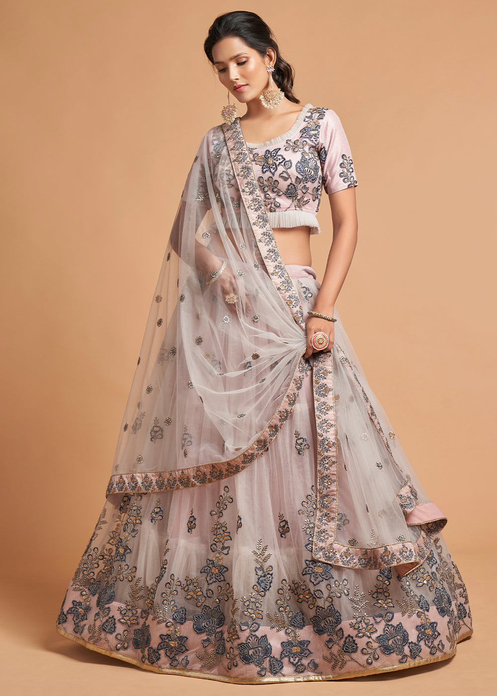 Pinkish Grey Designer Soft Net Lehenga Choli with Thread, Dori, Zari & Sequins work | Ready To Wear - qivii