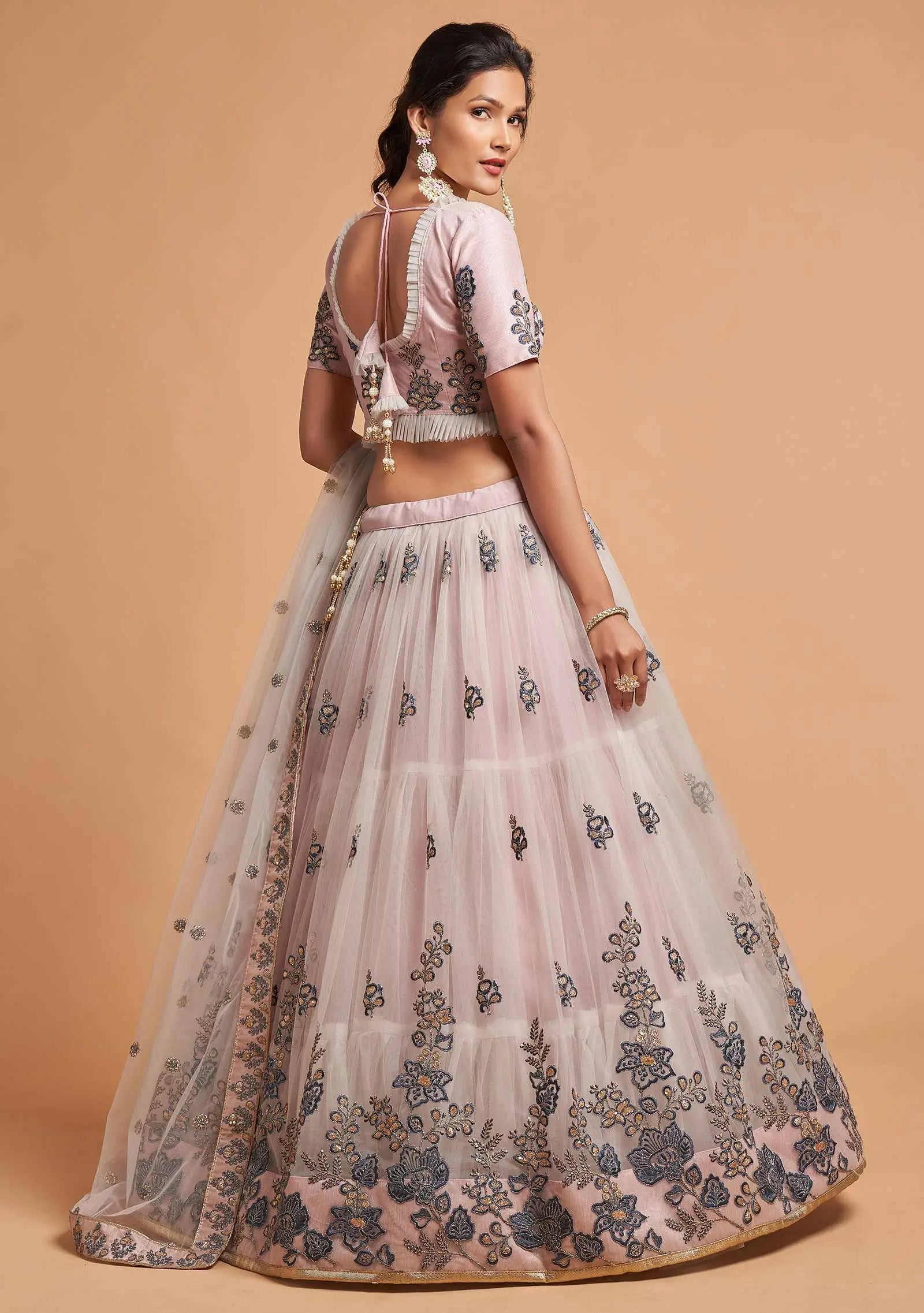 Pinkish Grey Soft Net Lehenga With Thread Zari Dori and Sequins Embroidery Work | Ready To Wear - qivii
