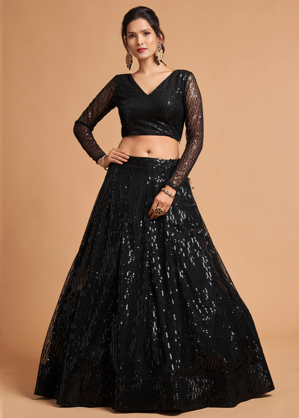 Pebble Black Designer Soft Net Lehenga Choli with Thread & Sequins work | Ready To Wear - qivii