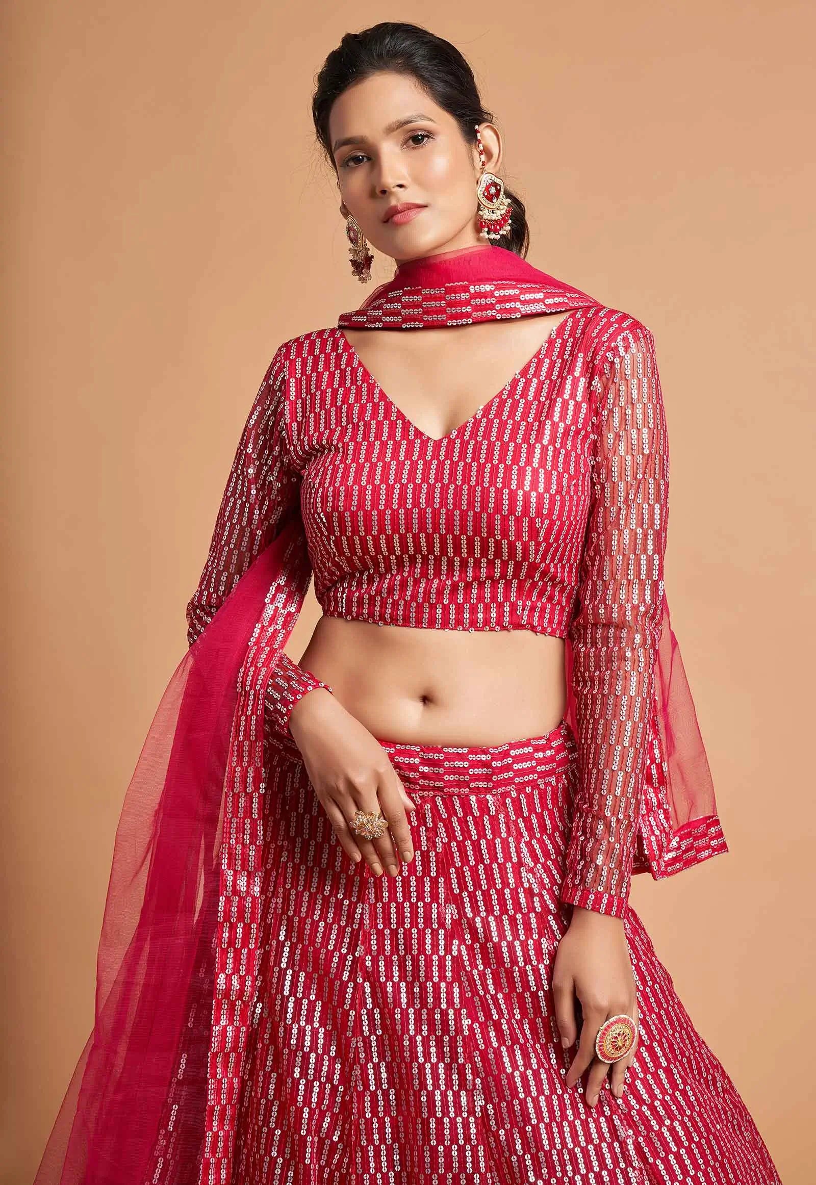 Hot Pink Soft Net Lehenga Choli With Thread And Multiple Sequins Embroidery Work | Ready To Wear - qivii