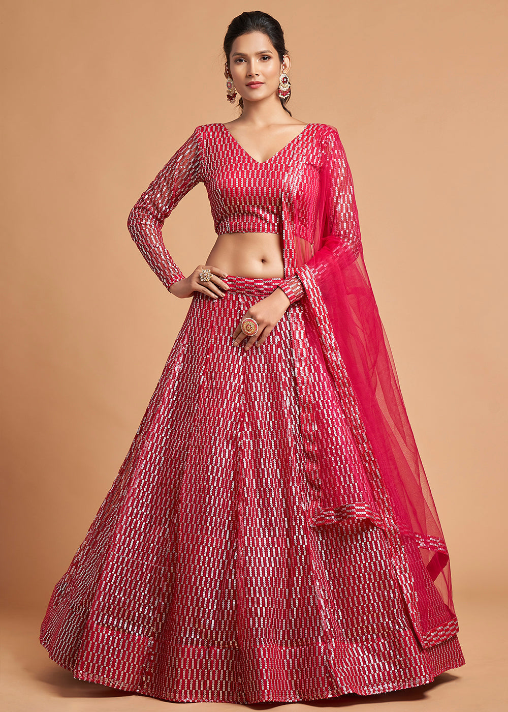 Hot Pink Designer Soft Net Lehenga Choli with Thread & Multiple Sequins Embroidery work | Ready To Wear - qivii