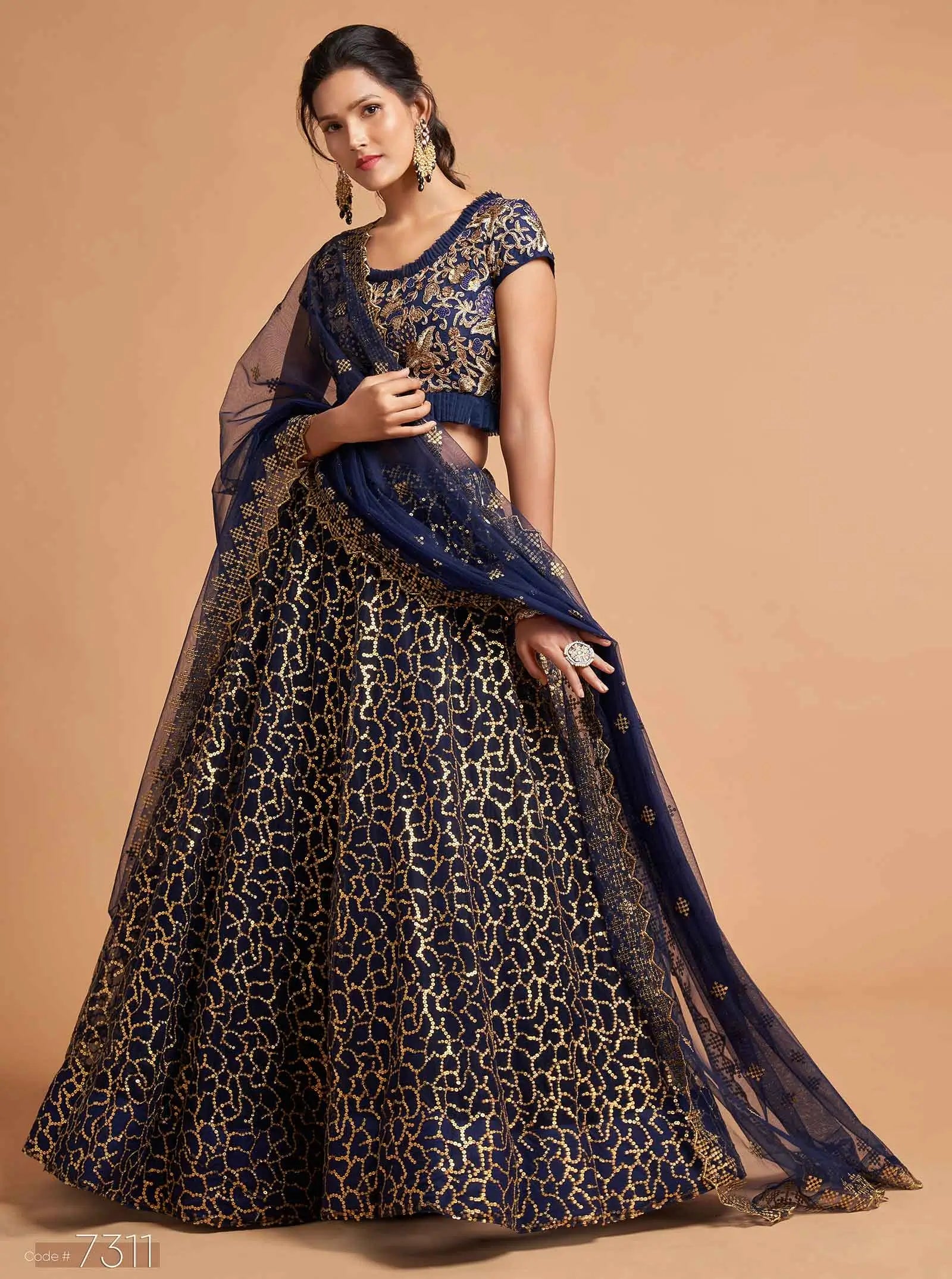 Navy Blue Soft Net Lehenga With Zari Badla Dori And Thread Embroidery Work | Ready To Wear - qivii