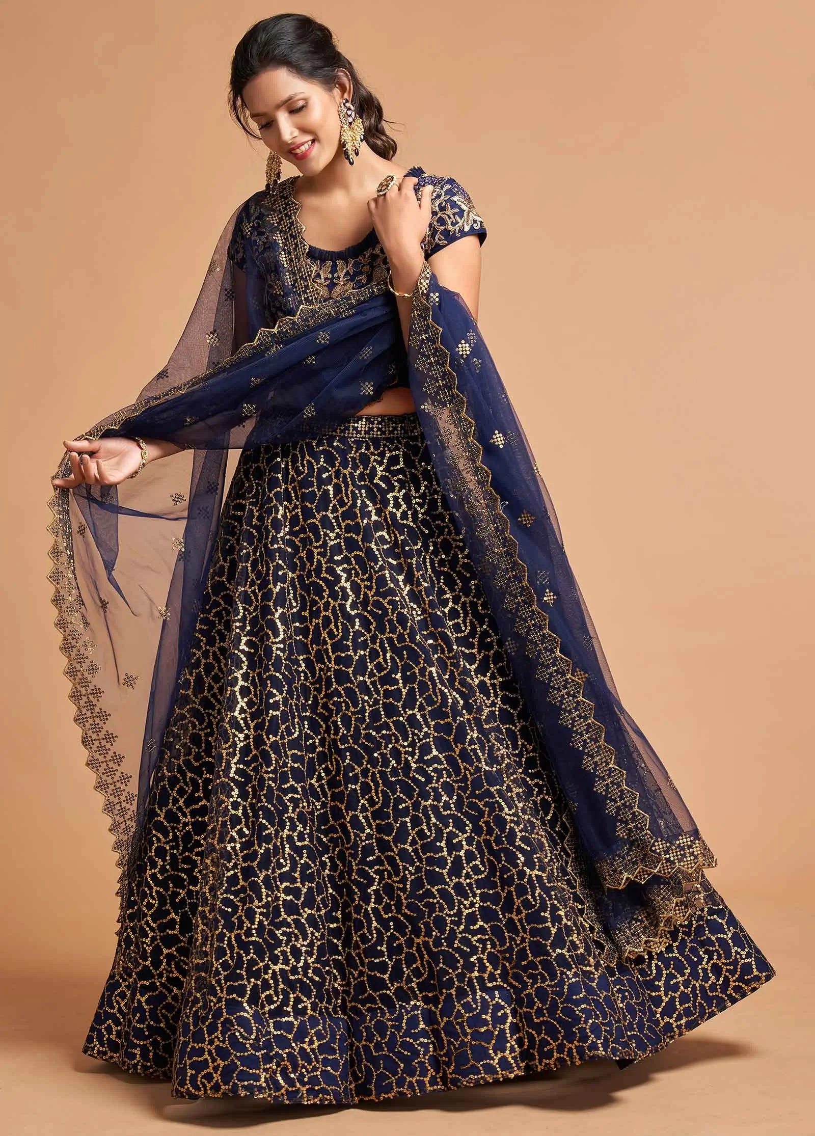 Navy Blue Soft Net Lehenga With Zari Badla Dori And Thread Embroidery Work | Ready To Wear - qivii