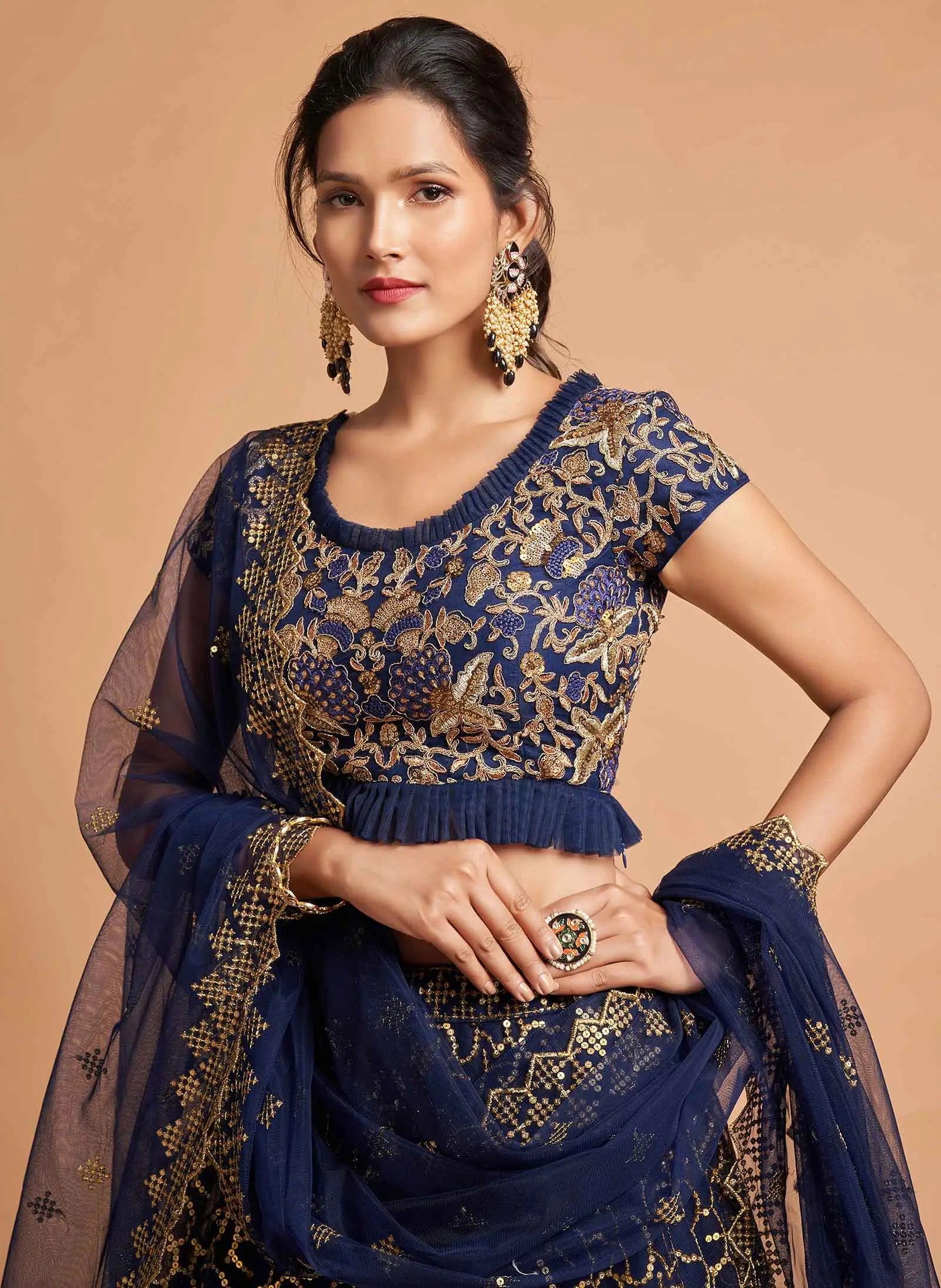 Navy Blue Soft Net Lehenga With Zari Badla Dori And Thread Embroidery Work | Ready To Wear - qivii