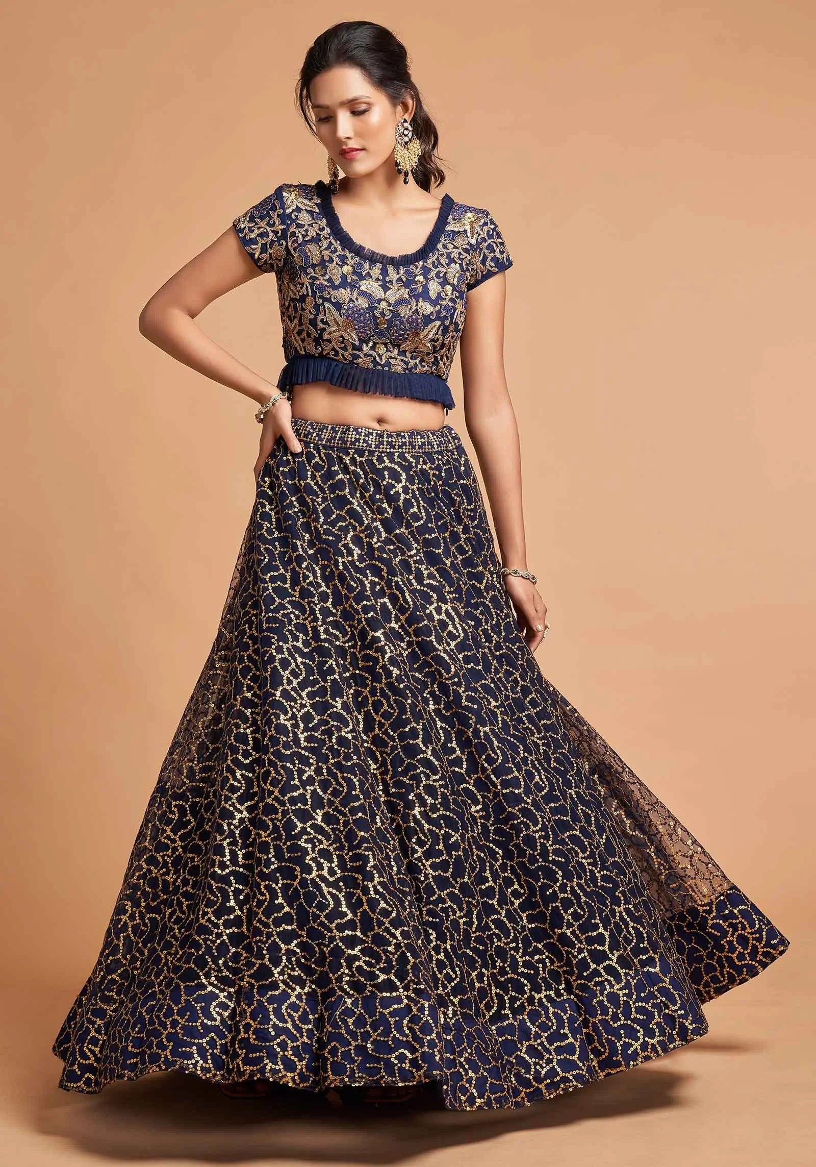Navy Blue Soft Net Lehenga With Zari Badla Dori And Thread Embroidery Work | Ready To Wear - qivii