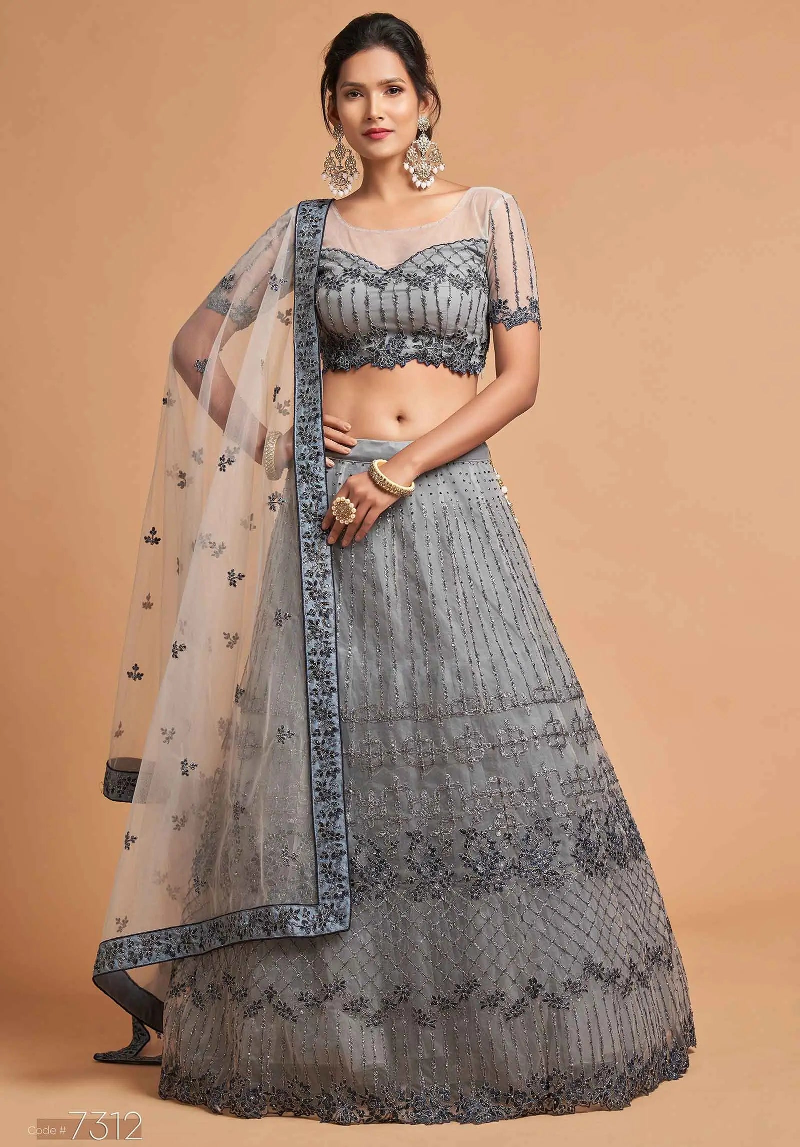 Smokey Grey Soft Net Lehenga With Zari Badla Dori And Thread Embroidery Work | Ready To Wear - qivii