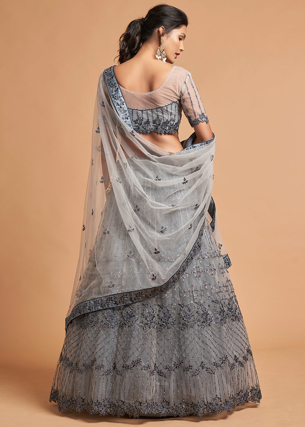 Light Grey Designer Soft Net Lehenga Choli with Zari, Dori & Thread Embroidery work | Ready To Wear - qivii