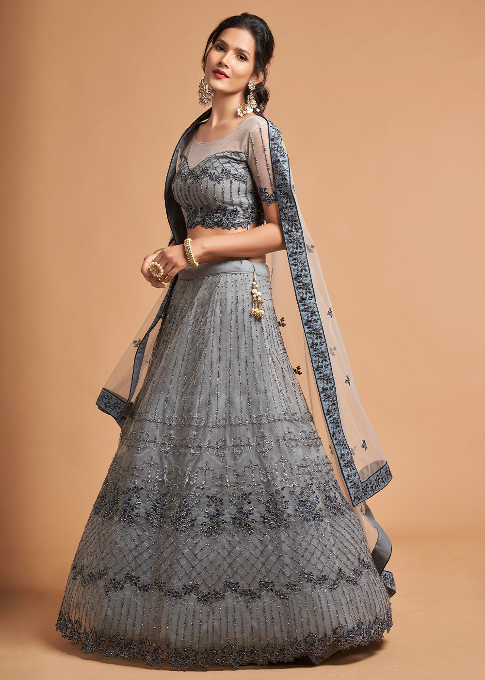 Light Grey Designer Soft Net Lehenga Choli with Zari, Dori & Thread Embroidery work | Ready To Wear - qivii