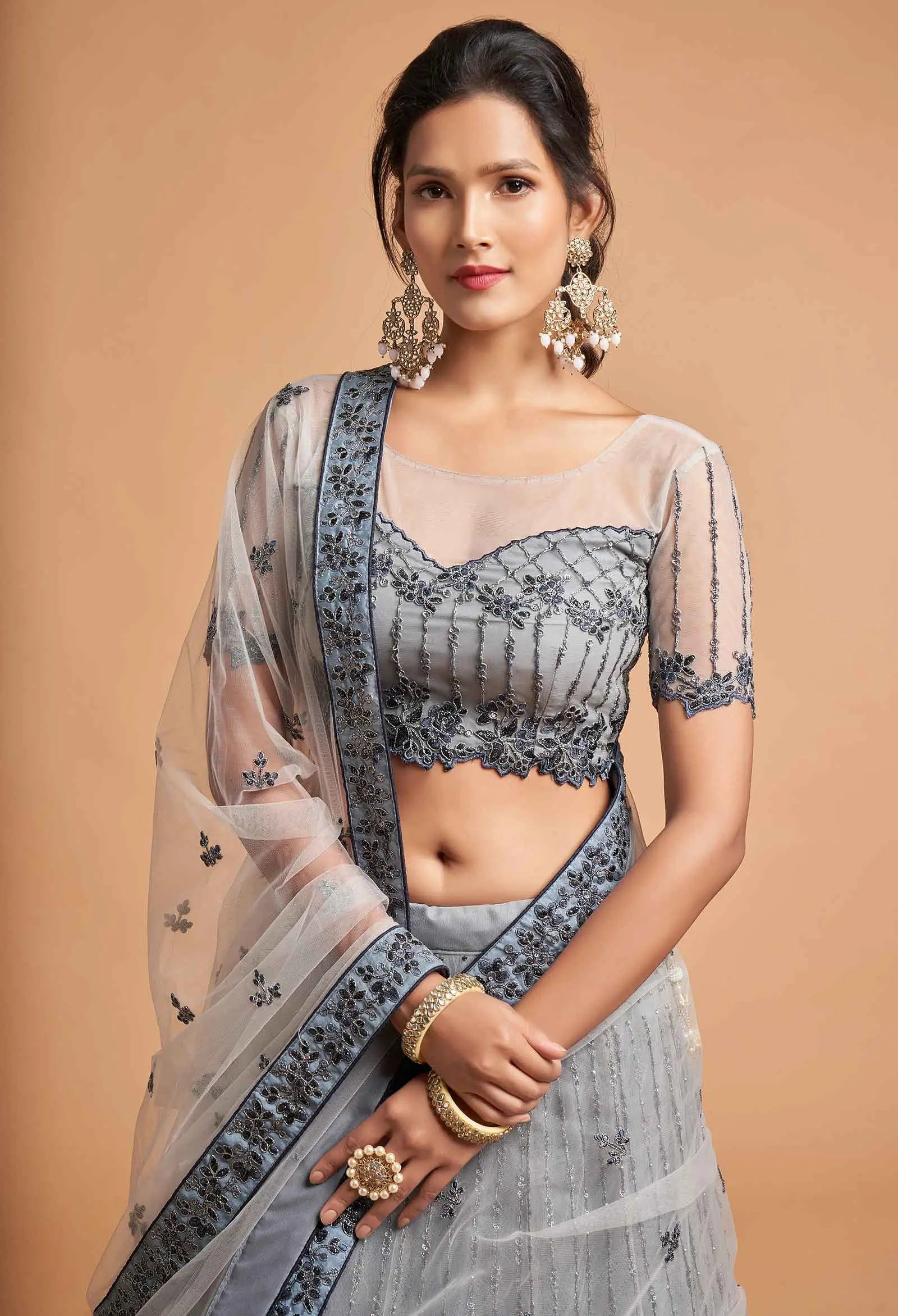 Smokey Grey Soft Net Lehenga With Zari Badla Dori And Thread Embroidery Work | Ready To Wear - qivii