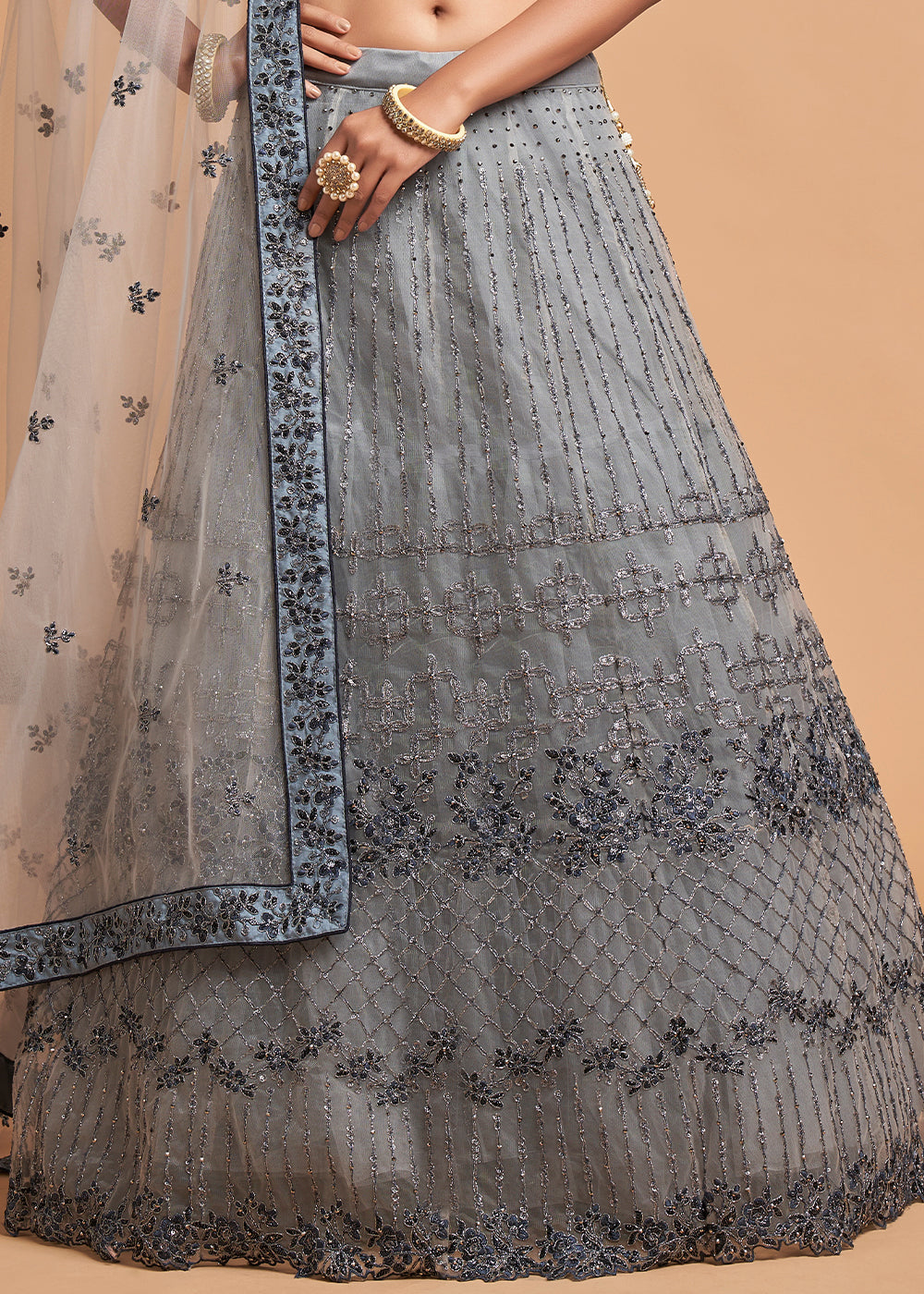 Light Grey Designer Soft Net Lehenga Choli with Zari, Dori & Thread Embroidery work | Ready To Wear - qivii