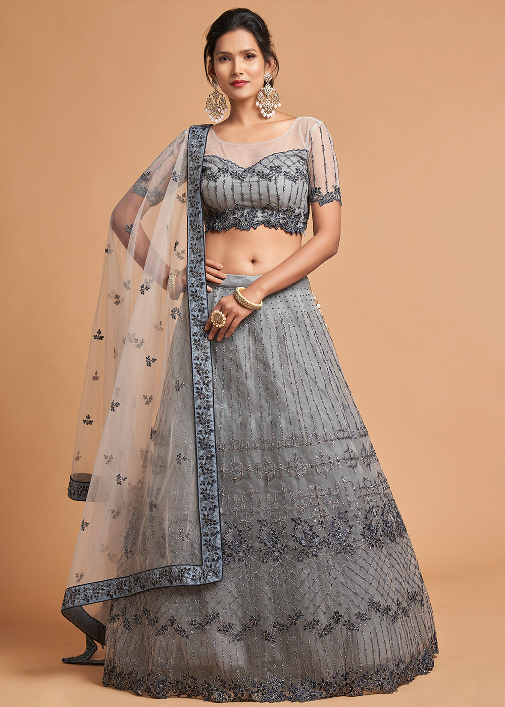 Light Grey Designer Soft Net Lehenga Choli with Zari, Dori & Thread Embroidery work | Ready To Wear - qivii