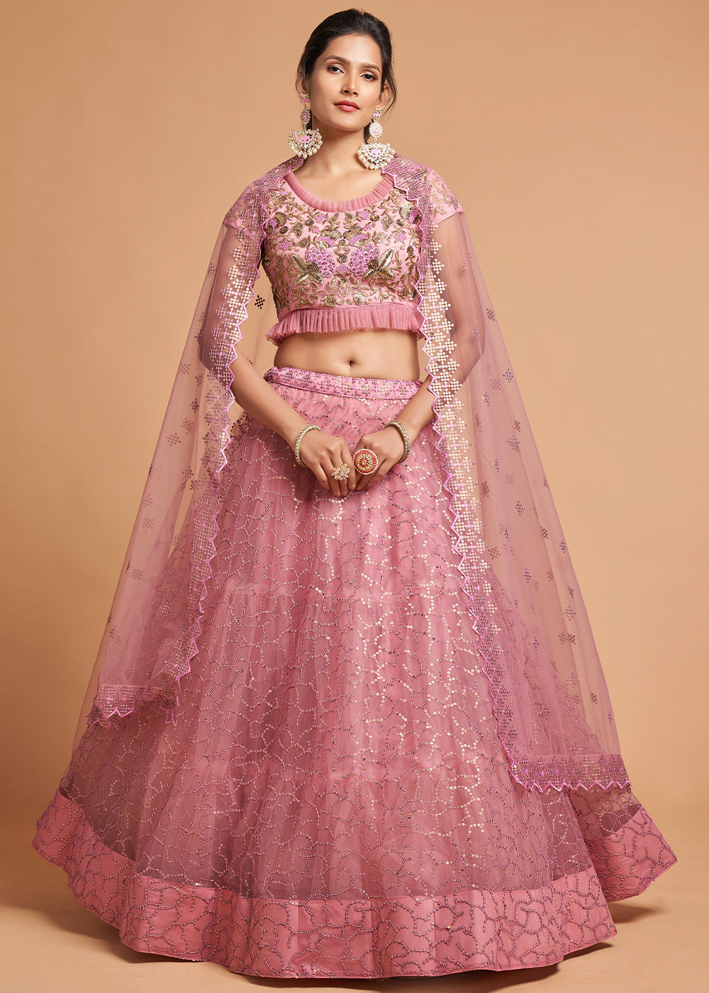 Flamingo Pink Designer Soft Net Lehenga Choli with Zari, Dori & Thread Embroidery work | Ready To Wear - qivii