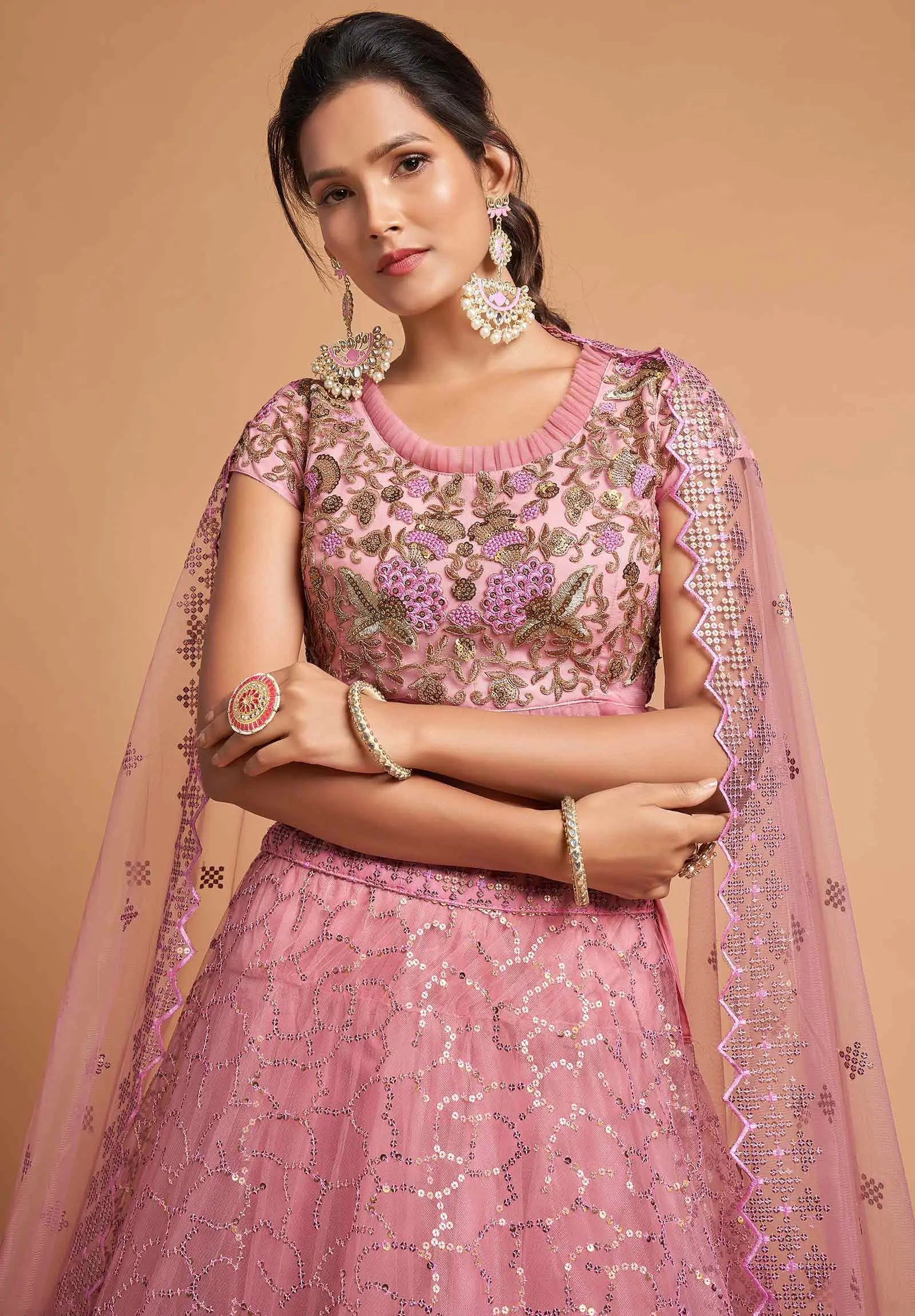Blush Pink Soft Net Lehenga With Zari Badla Dori And Thread Embroidery Work | Ready To Wear - qivii