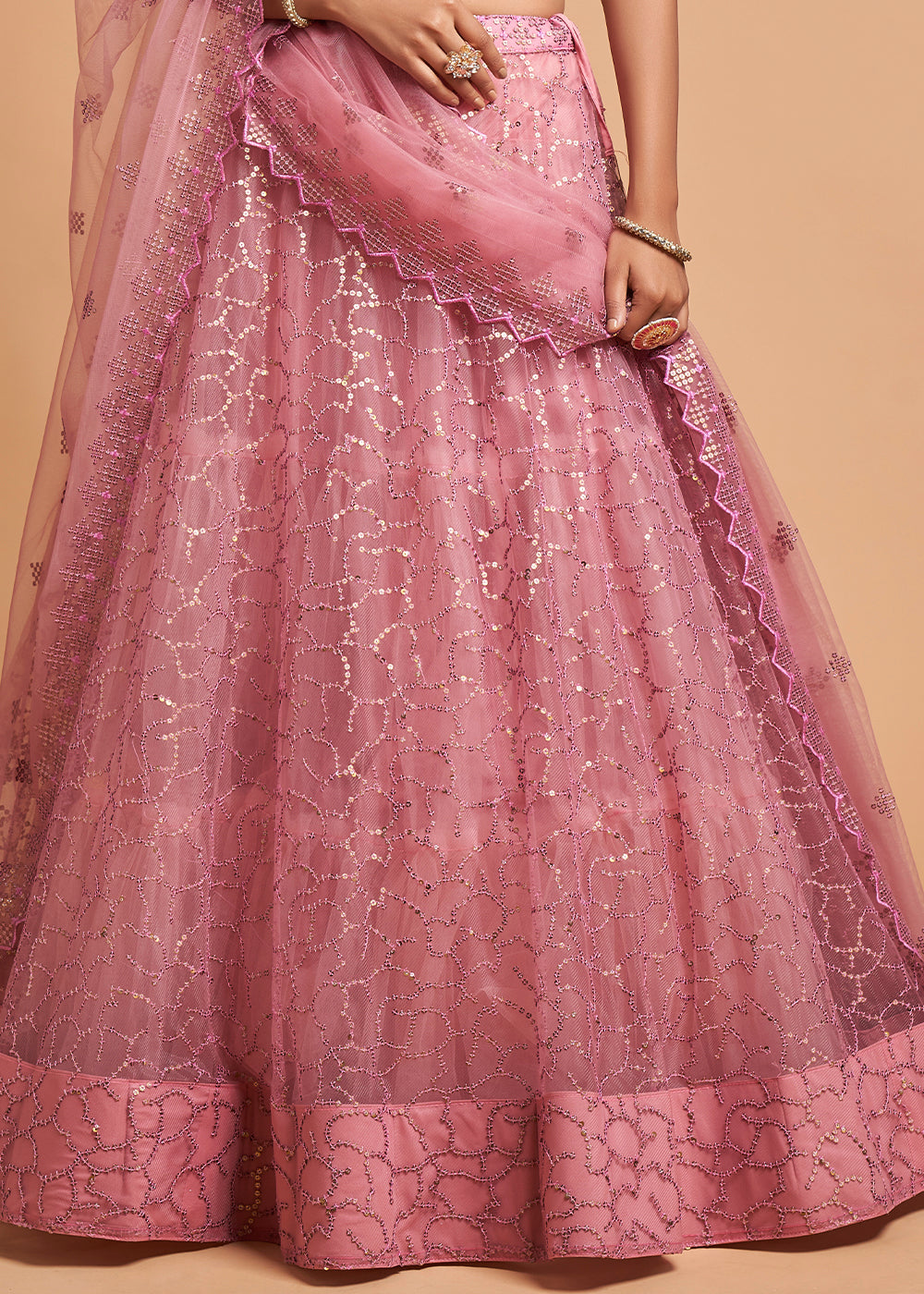 Flamingo Pink Designer Soft Net Lehenga Choli with Zari, Dori & Thread Embroidery work | Ready To Wear - qivii