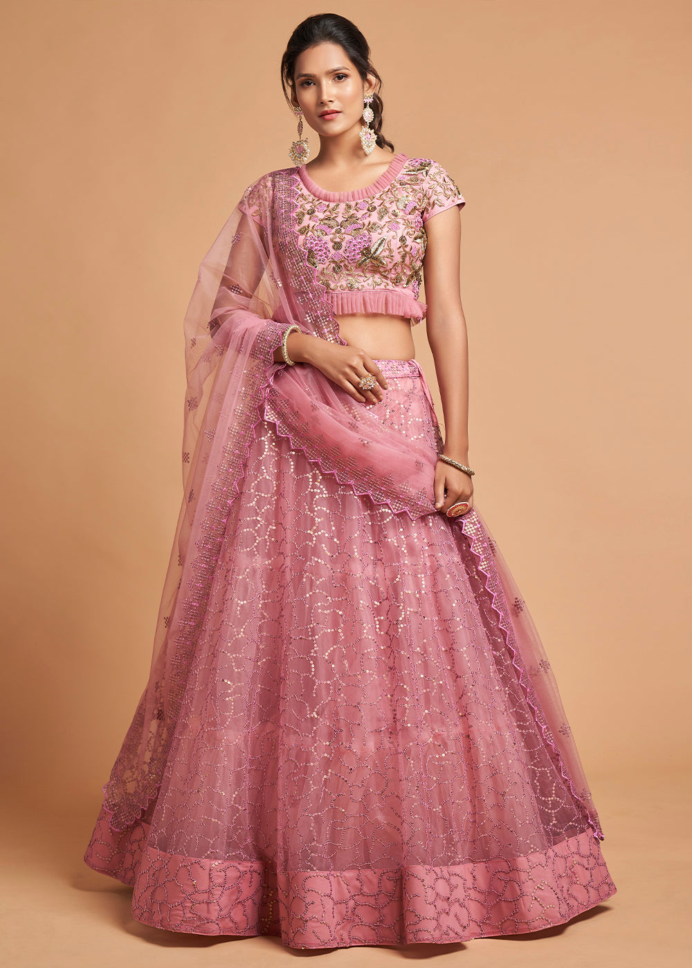 Flamingo Pink Designer Soft Net Lehenga Choli with Zari, Dori & Thread Embroidery work | Ready To Wear - qivii