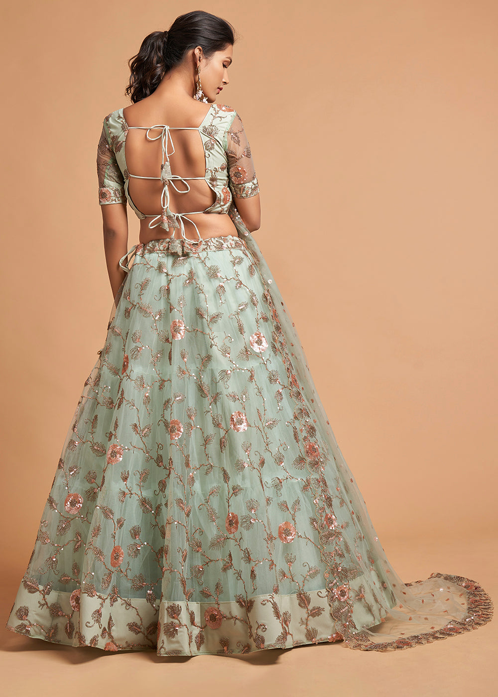 Sky Blue Designer Soft Net Lehenga Choli with Zari, Dori & Multiple Sequins Embroidery work | Ready To Wear - qivii