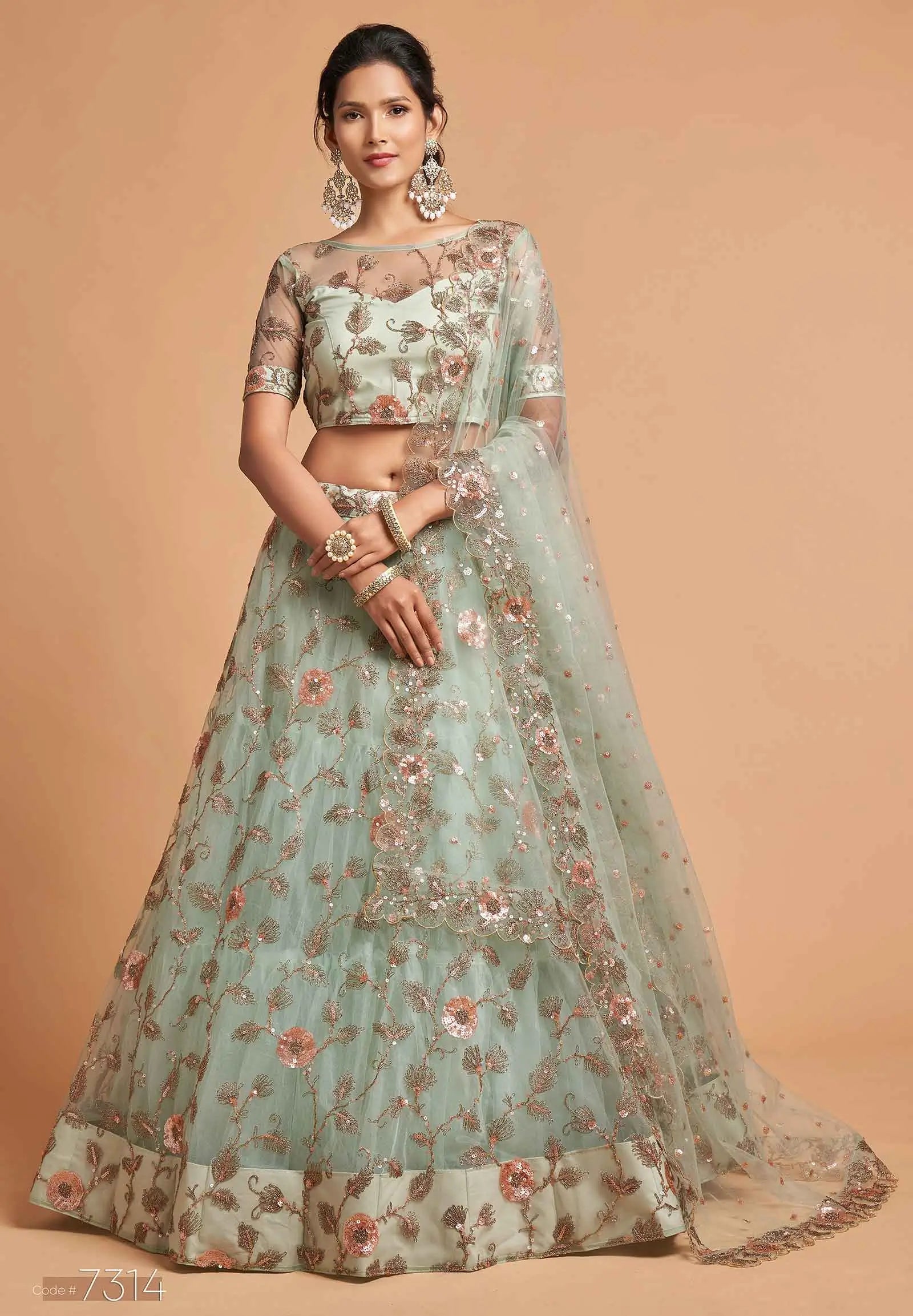 Spanish Green Soft Net Lehenga With Zari Badla Dori And Thread Embroidery Work | Ready To Wear - qivii