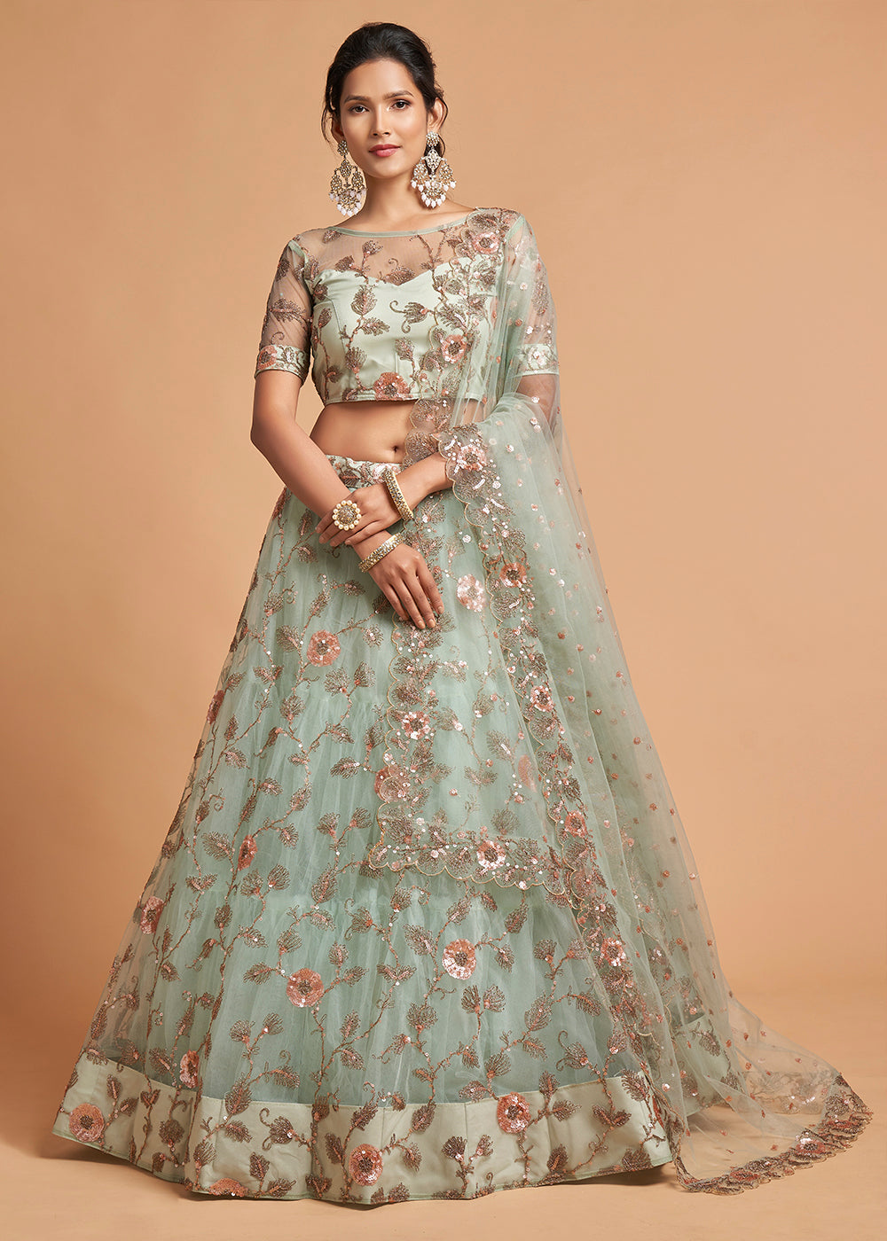 Sky Blue Designer Soft Net Lehenga Choli with Zari, Dori & Multiple Sequins Embroidery work | Ready To Wear - qivii