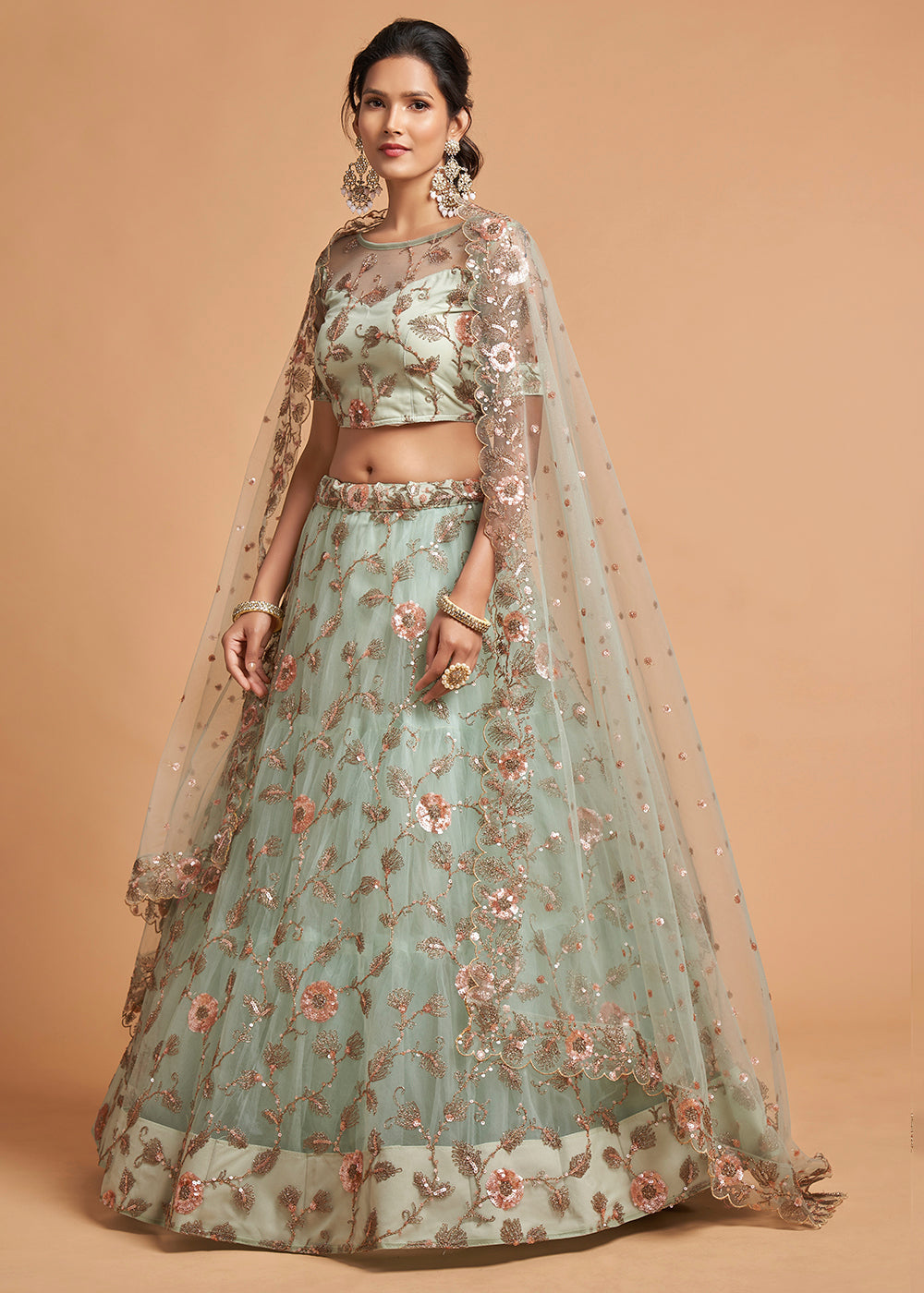 Sky Blue Designer Soft Net Lehenga Choli with Zari, Dori & Multiple Sequins Embroidery work | Ready To Wear - qivii