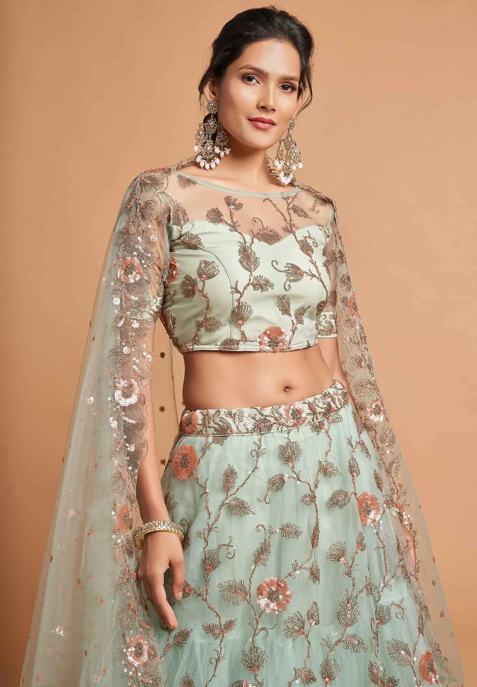Spanish Green Soft Net Lehenga With Zari Badla Dori And Thread Embroidery Work | Ready To Wear - qivii