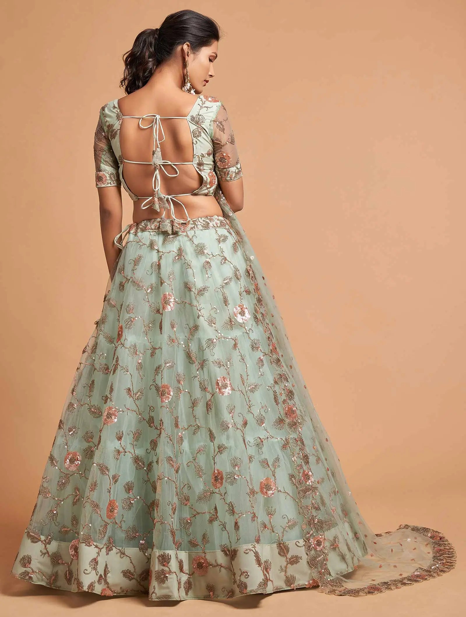 Spanish Green Soft Net Lehenga With Zari Badla Dori And Thread Embroidery Work | Ready To Wear - qivii