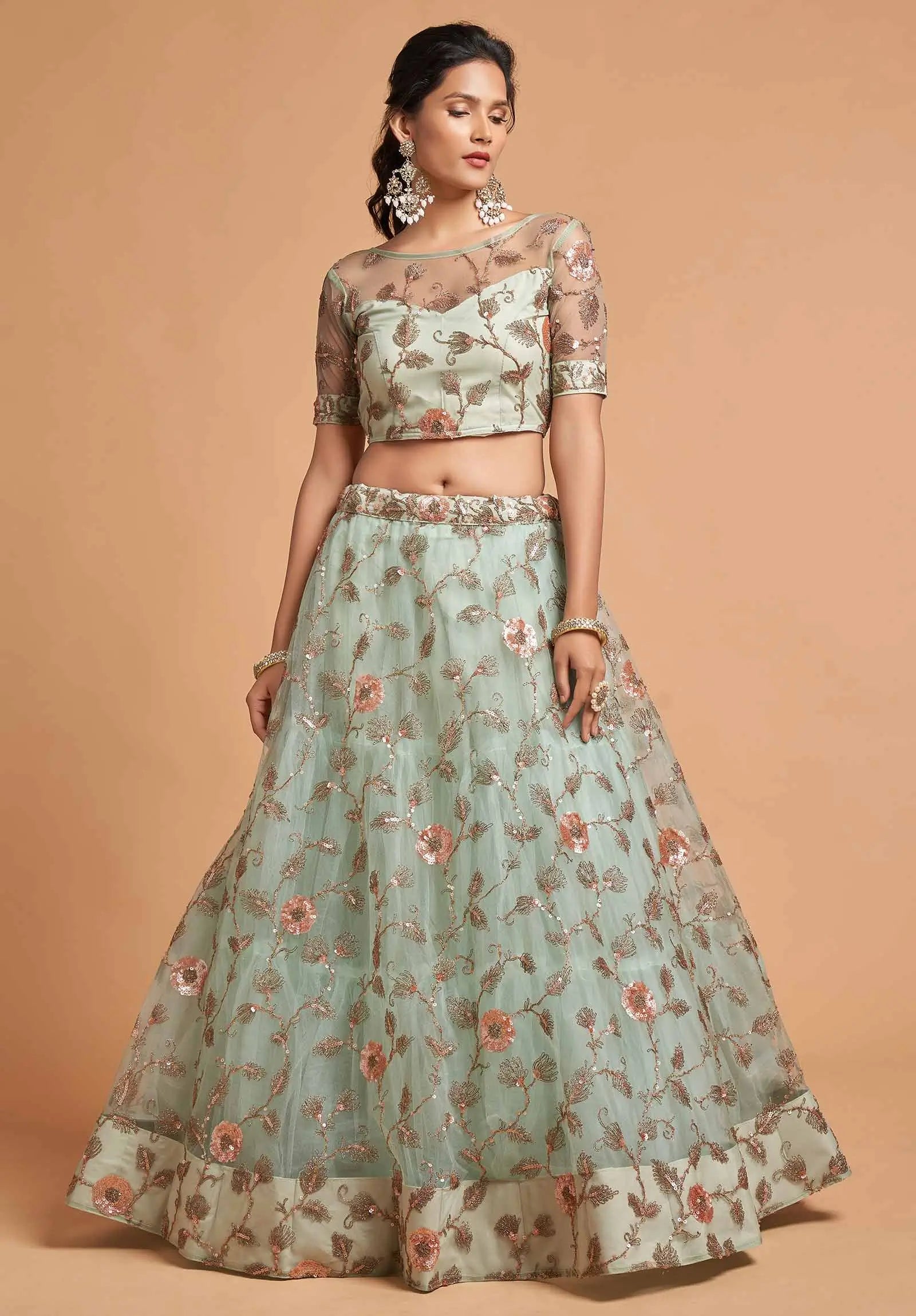 Spanish Green Soft Net Lehenga With Zari Badla Dori And Thread Embroidery Work | Ready To Wear - qivii