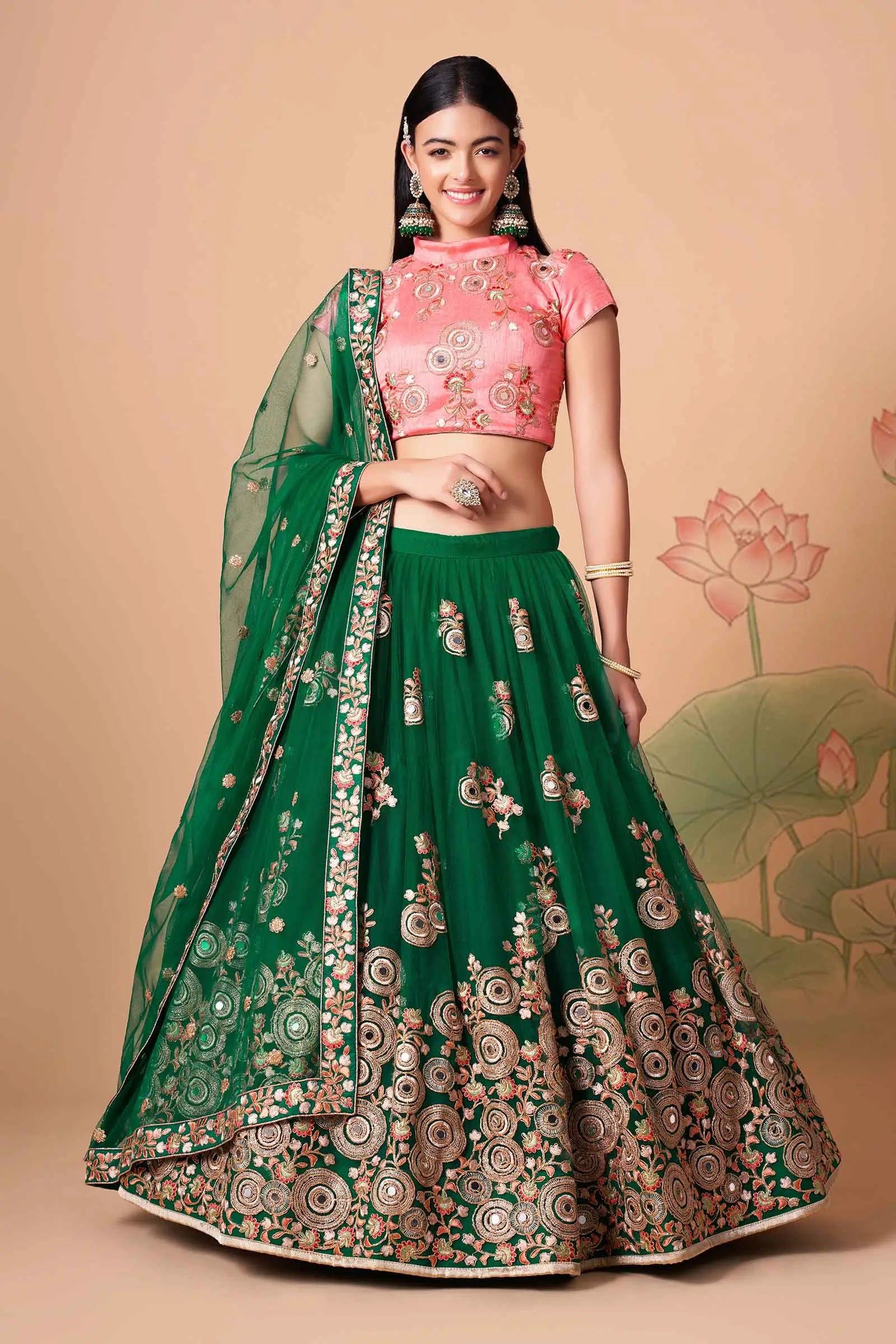 Green Soft Net Lehenga With Thread Zari Dori And Sequins Embroidery With Mirror Work | Ready To Wear - qivii