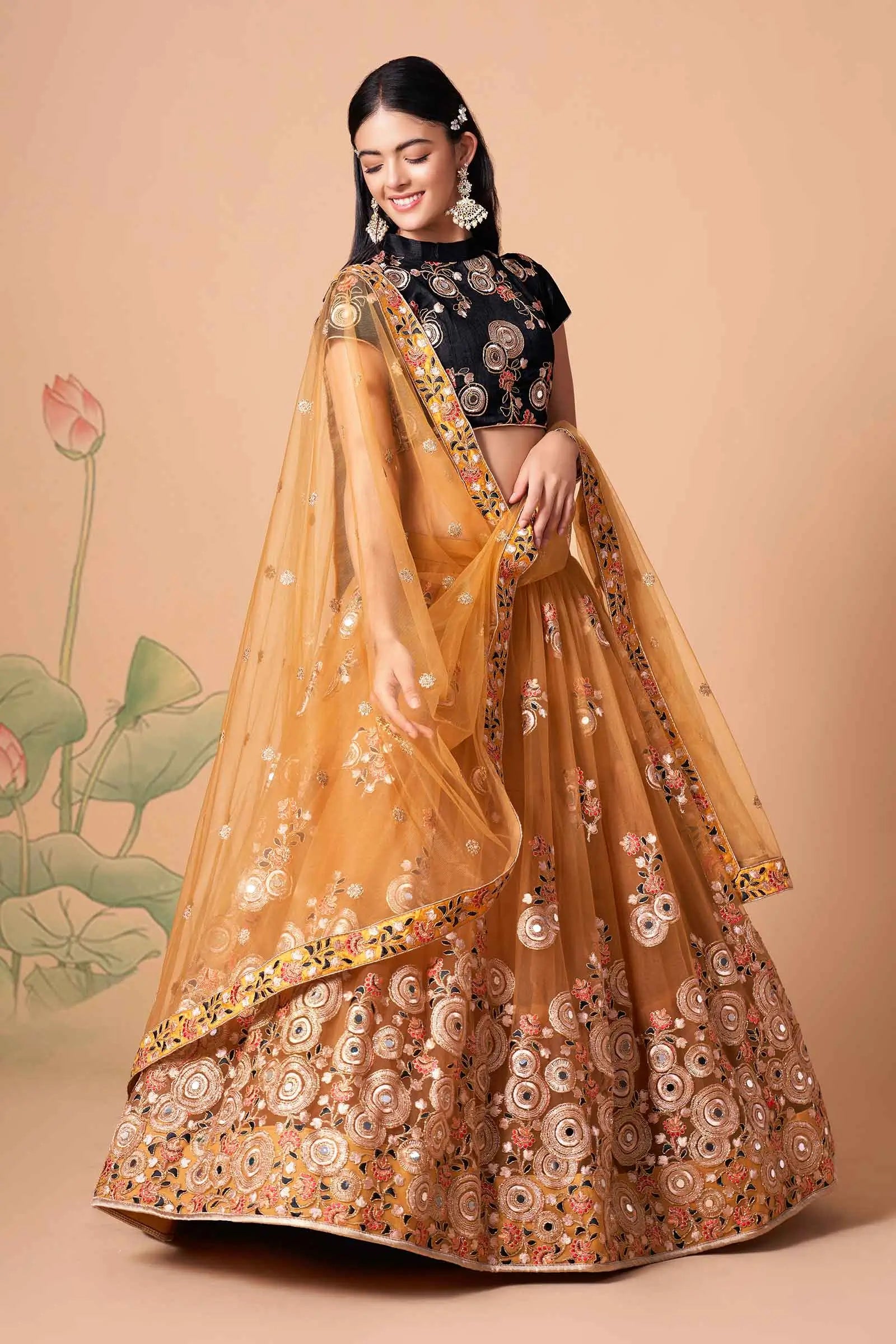 Golden Soft Net Lehenga With Thread Zari Dori And Sequins Embroidery With Mirror Work | Ready To Wear - qivii