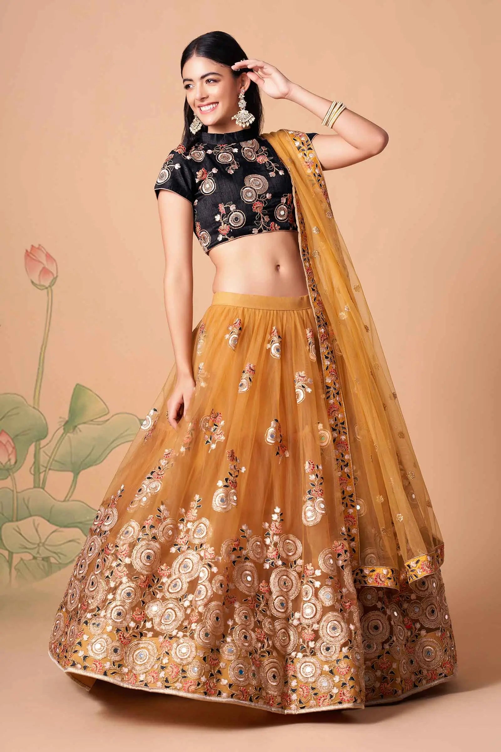 Golden Soft Net Lehenga With Thread Zari Dori And Sequins Embroidery With Mirror Work | Ready To Wear - qivii