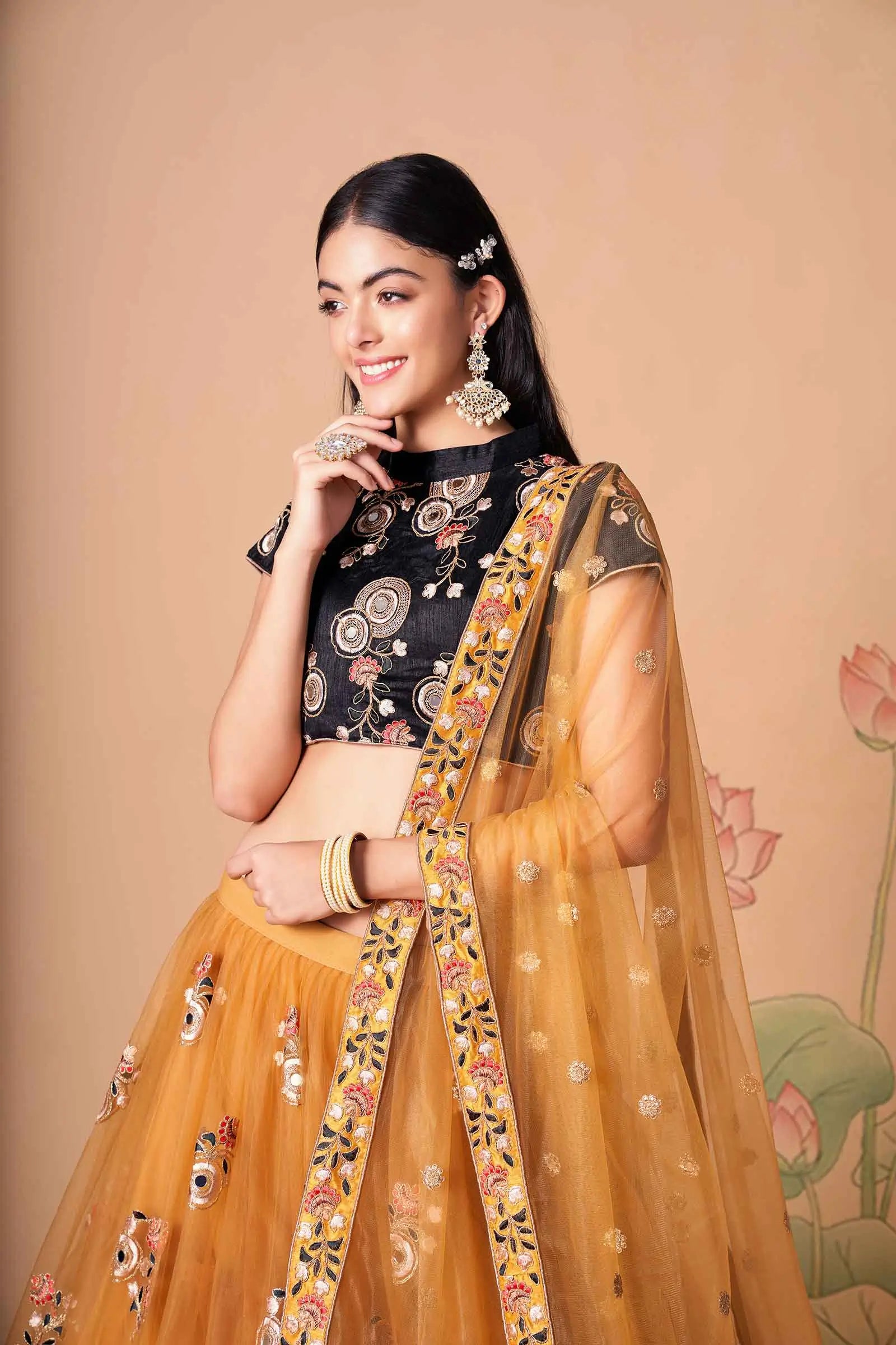 Golden Soft Net Lehenga With Thread Zari Dori And Sequins Embroidery With Mirror Work | Ready To Wear - qivii