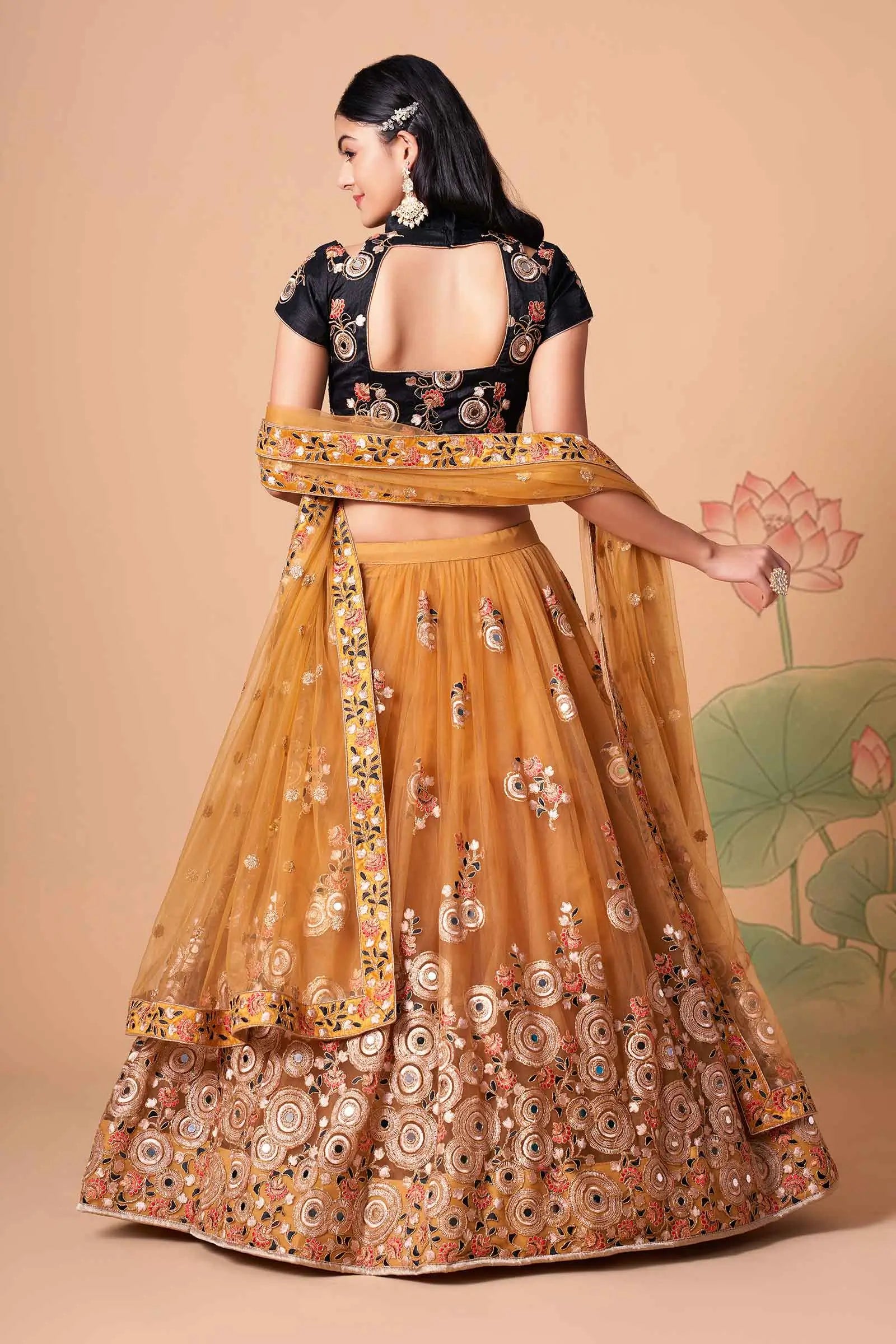 Golden Soft Net Lehenga With Thread Zari Dori And Sequins Embroidery With Mirror Work | Ready To Wear - qivii