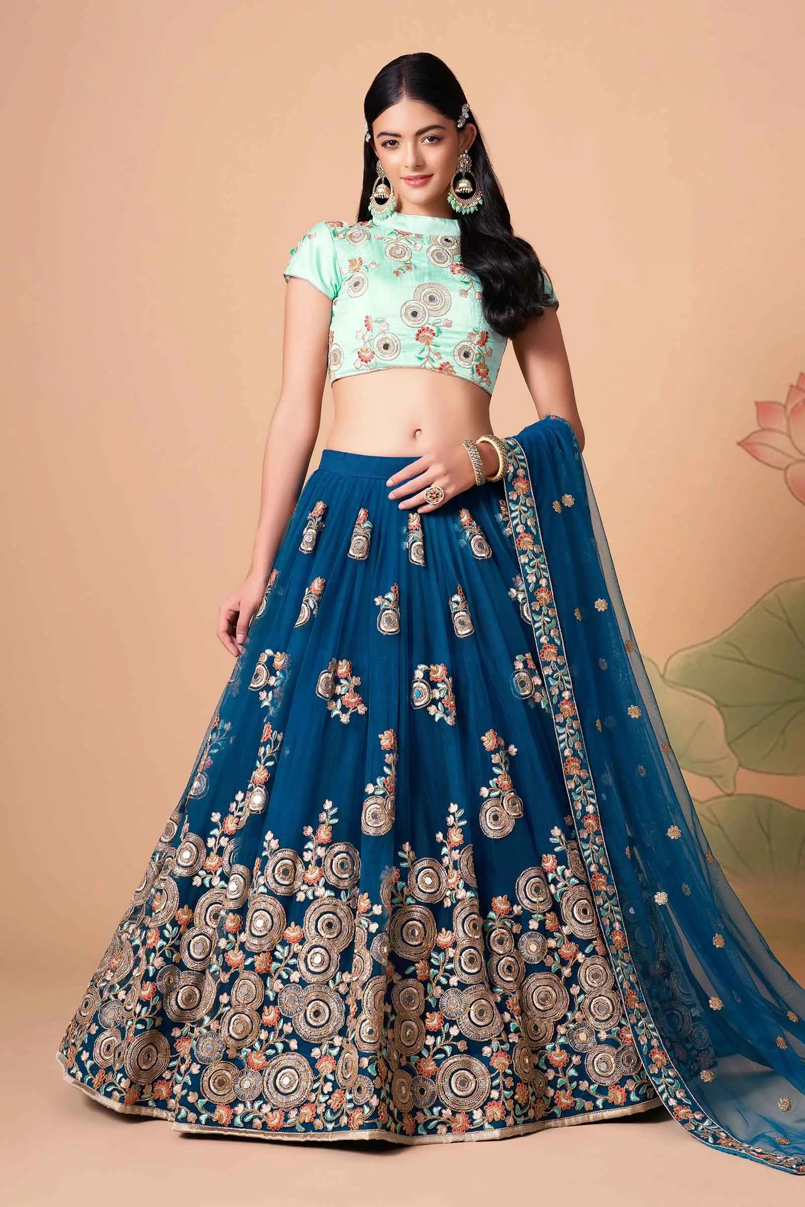 Dove Blue Soft Net Lehenga With Thread Zari Dori And Sequins Embroidery With Mirror Work | Ready To Wear - qivii
