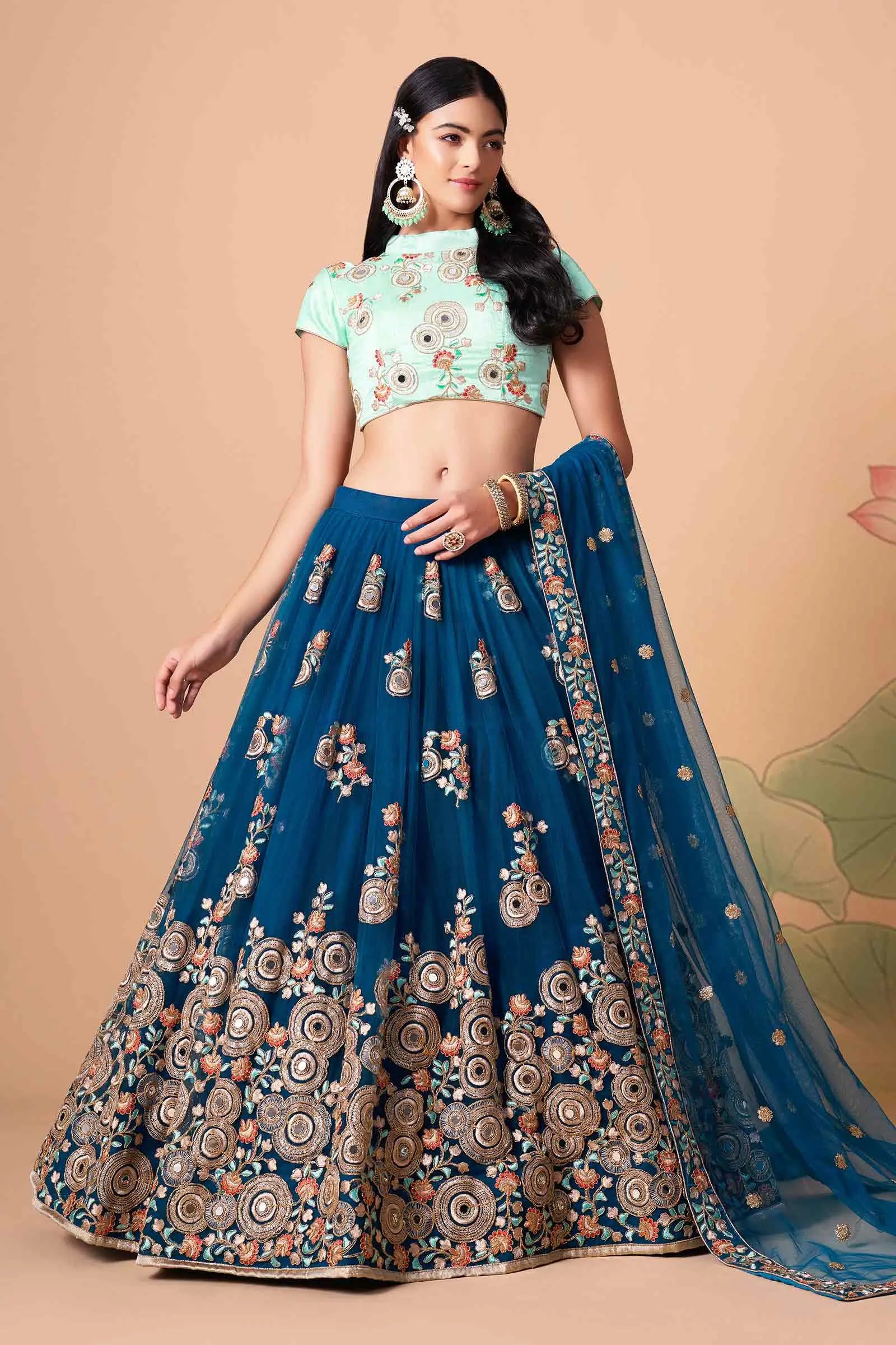 Dove Blue Soft Net Lehenga With Thread Zari Dori And Sequins Embroidery With Mirror Work | Ready To Wear - qivii