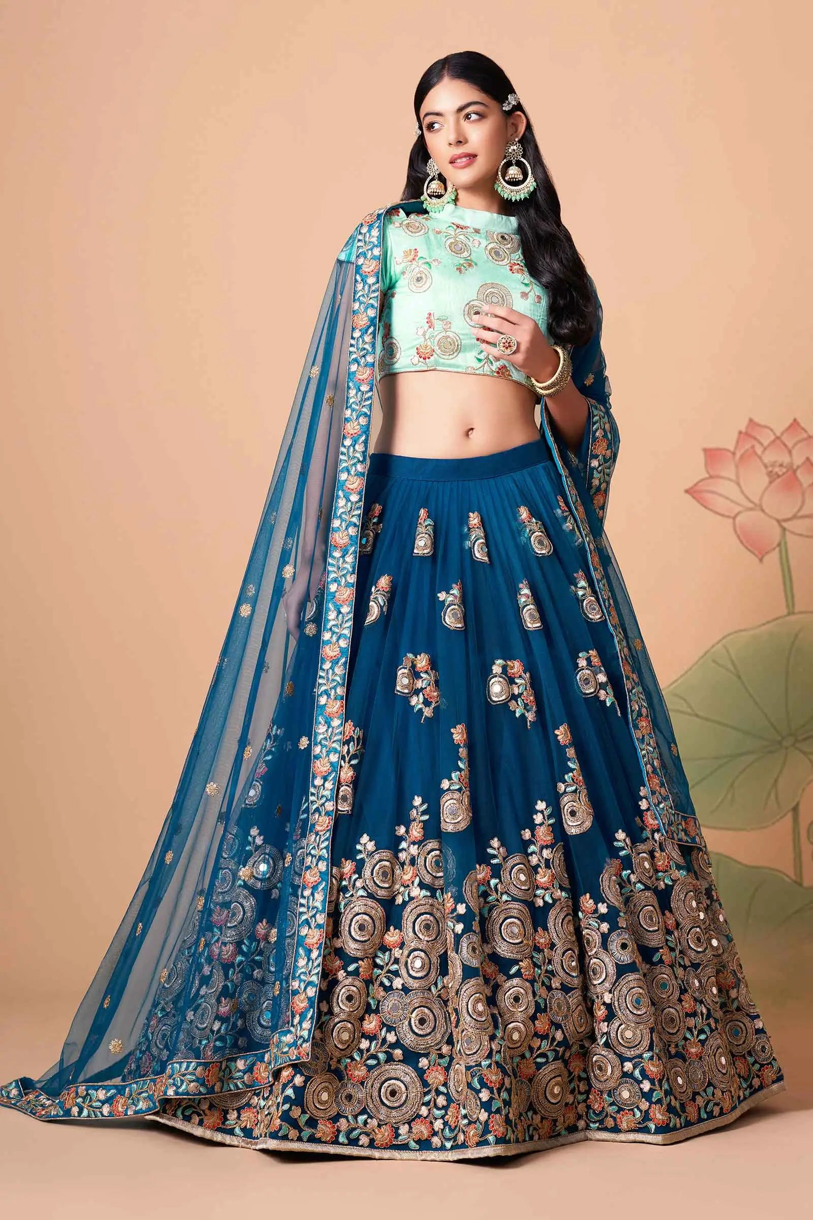 Dove Blue Soft Net Lehenga With Thread Zari Dori And Sequins Embroidery With Mirror Work | Ready To Wear - qivii