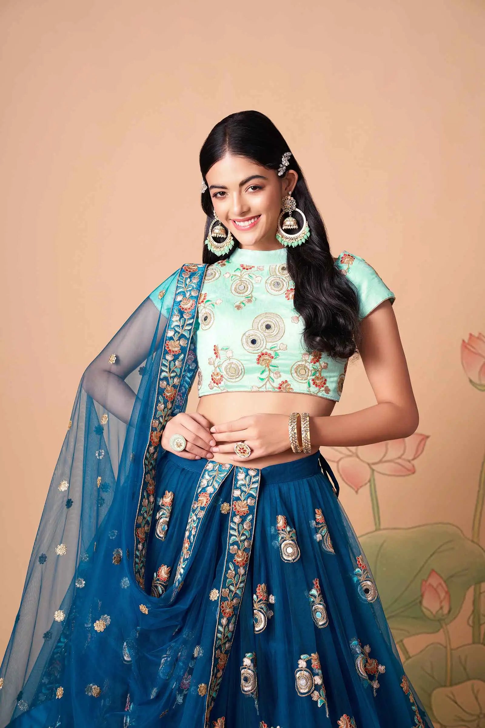 Dove Blue Soft Net Lehenga With Thread Zari Dori And Sequins Embroidery With Mirror Work | Ready To Wear - qivii