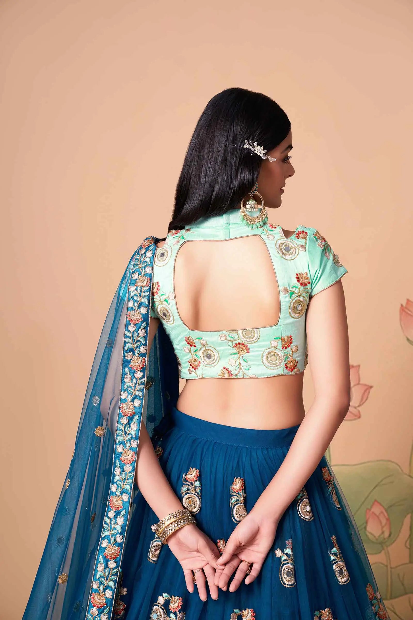 Dove Blue Soft Net Lehenga With Thread Zari Dori And Sequins Embroidery With Mirror Work | Ready To Wear - qivii