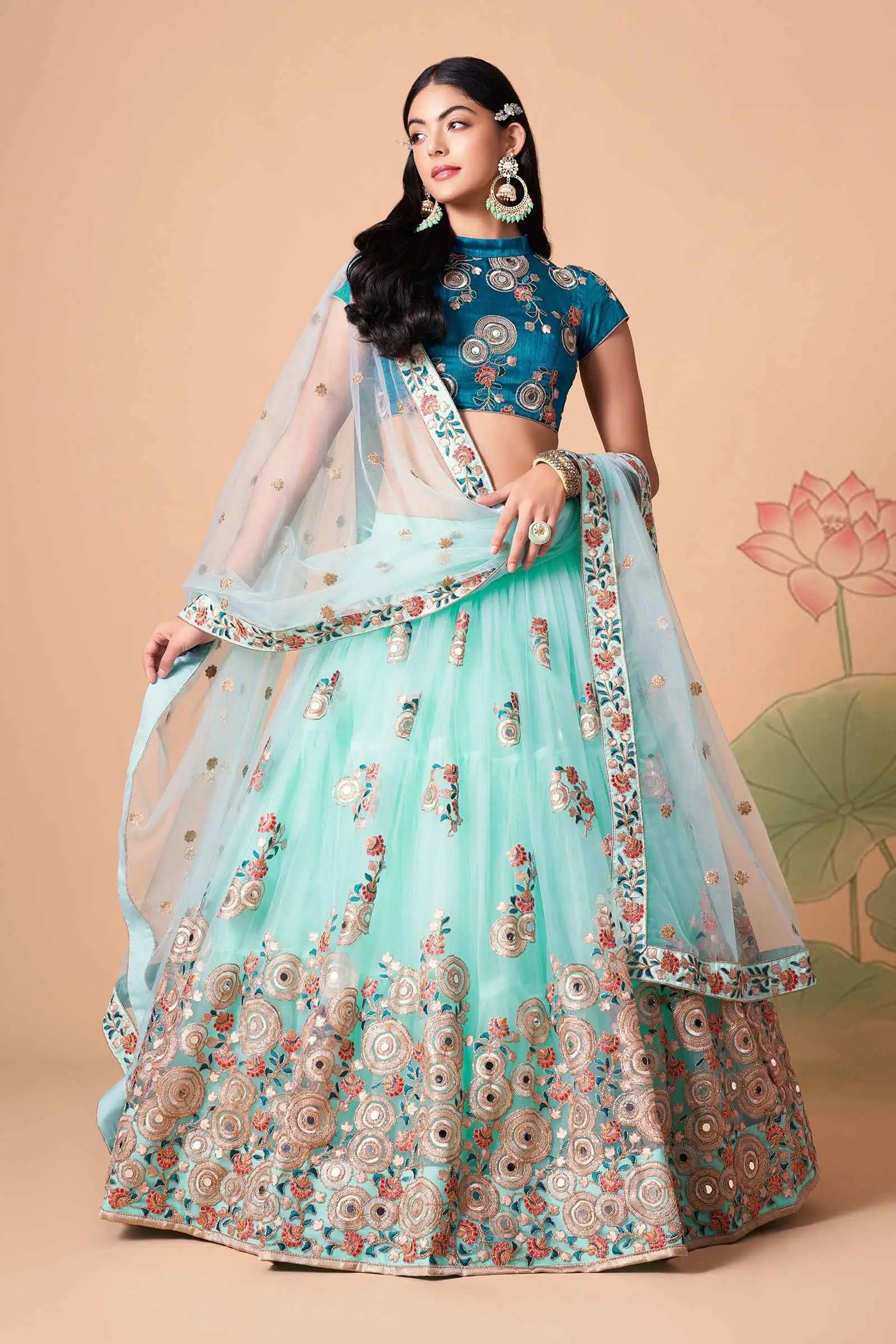 Sky Blue Net Lehenga With Thread Zari Dori And Sequins Embroidery With Mirror Work | Ready To Wear - qivii