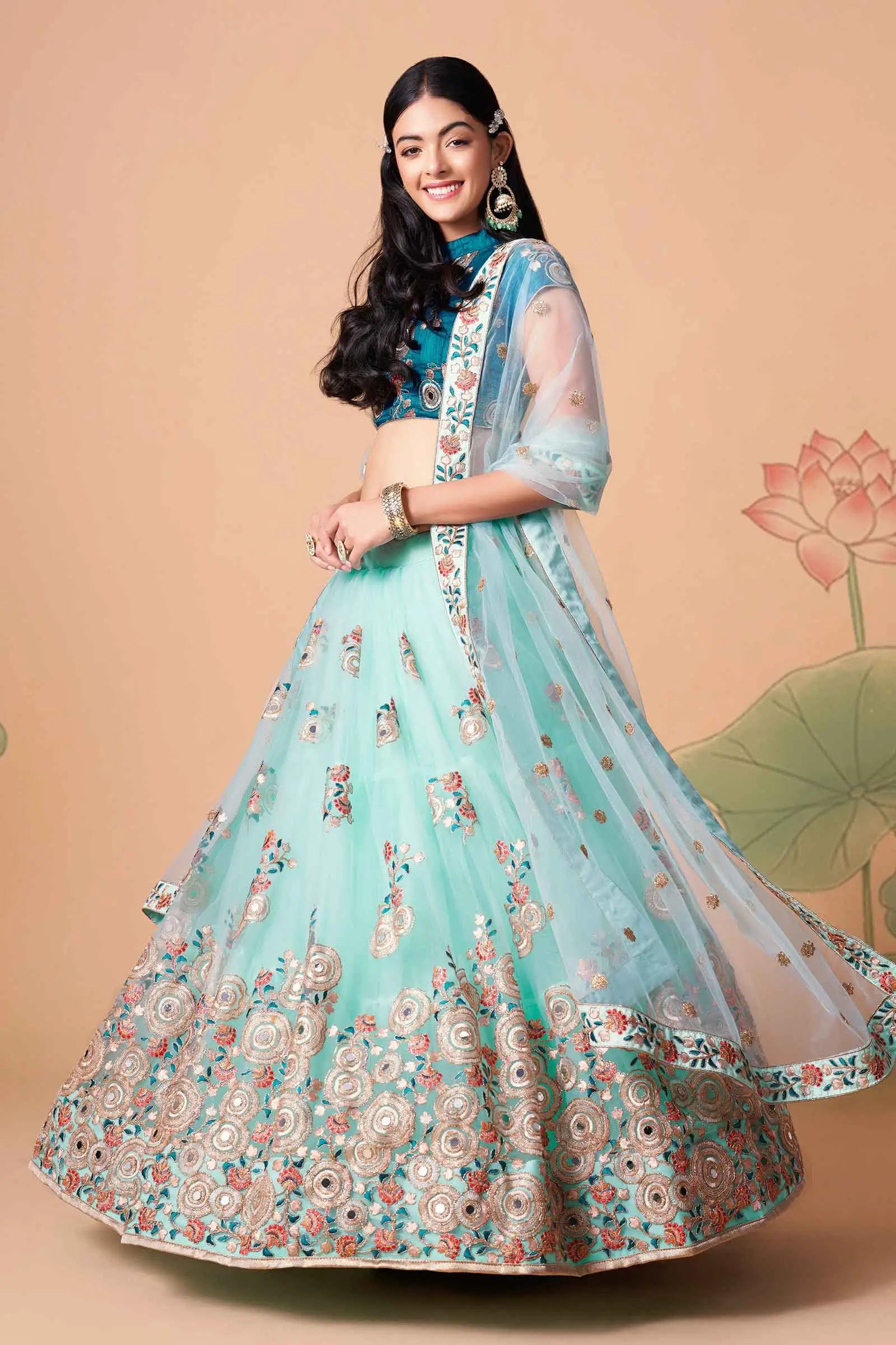 Sky Blue Net Lehenga With Thread Zari Dori And Sequins Embroidery With Mirror Work | Ready To Wear - qivii