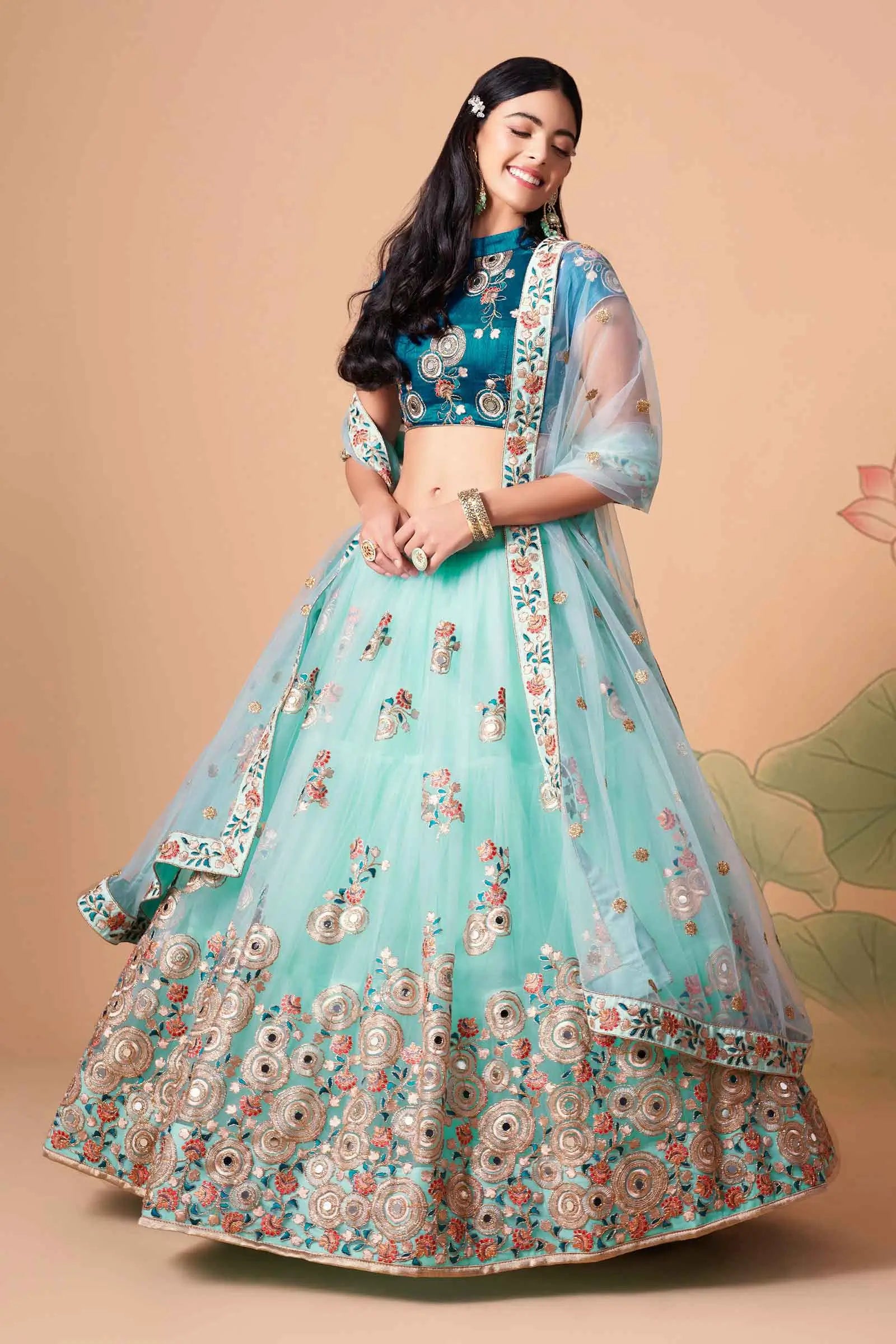 Sky Blue Net Lehenga With Thread Zari Dori And Sequins Embroidery With Mirror Work | Ready To Wear - qivii