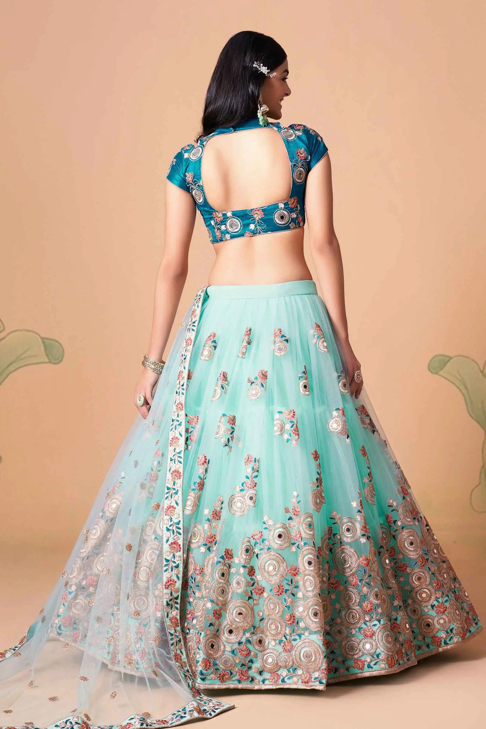 Sky Blue Net Lehenga With Thread Zari Dori And Sequins Embroidery With Mirror Work | Ready To Wear - qivii
