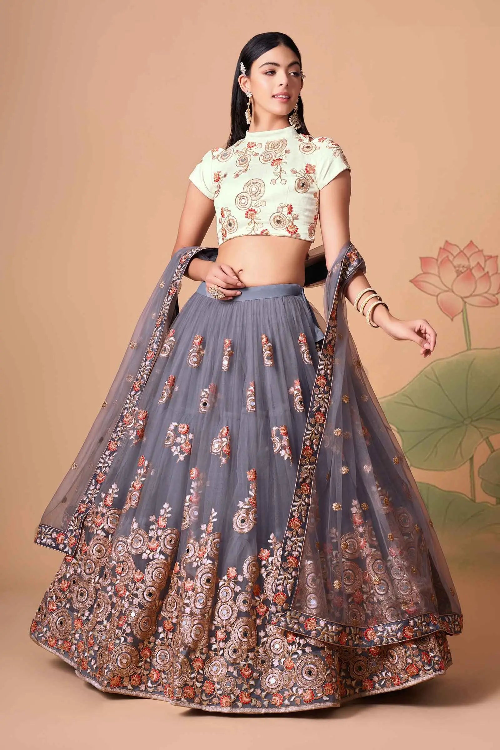 Grey Soft Net Lehenga With Thread Zari Dori And Sequins Embroidery With Mirror Work | Ready To Wear - qivii