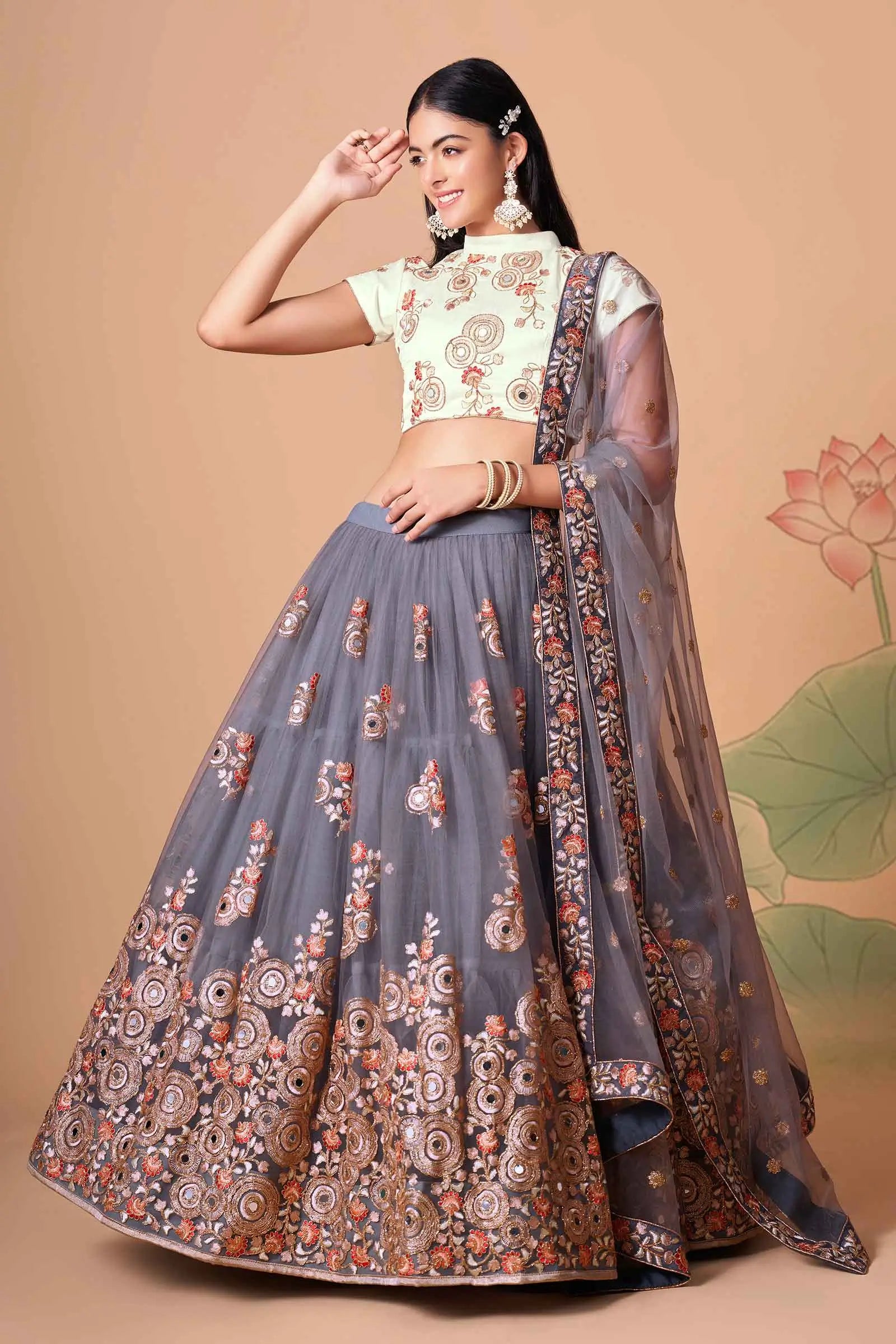 Grey Soft Net Lehenga With Thread Zari Dori And Sequins Embroidery With Mirror Work | Ready To Wear - qivii