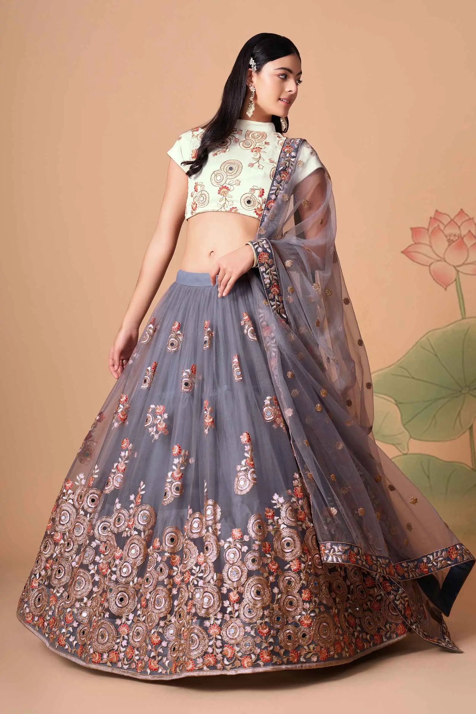 Grey Soft Net Lehenga With Thread Zari Dori And Sequins Embroidery With Mirror Work | Ready To Wear - qivii