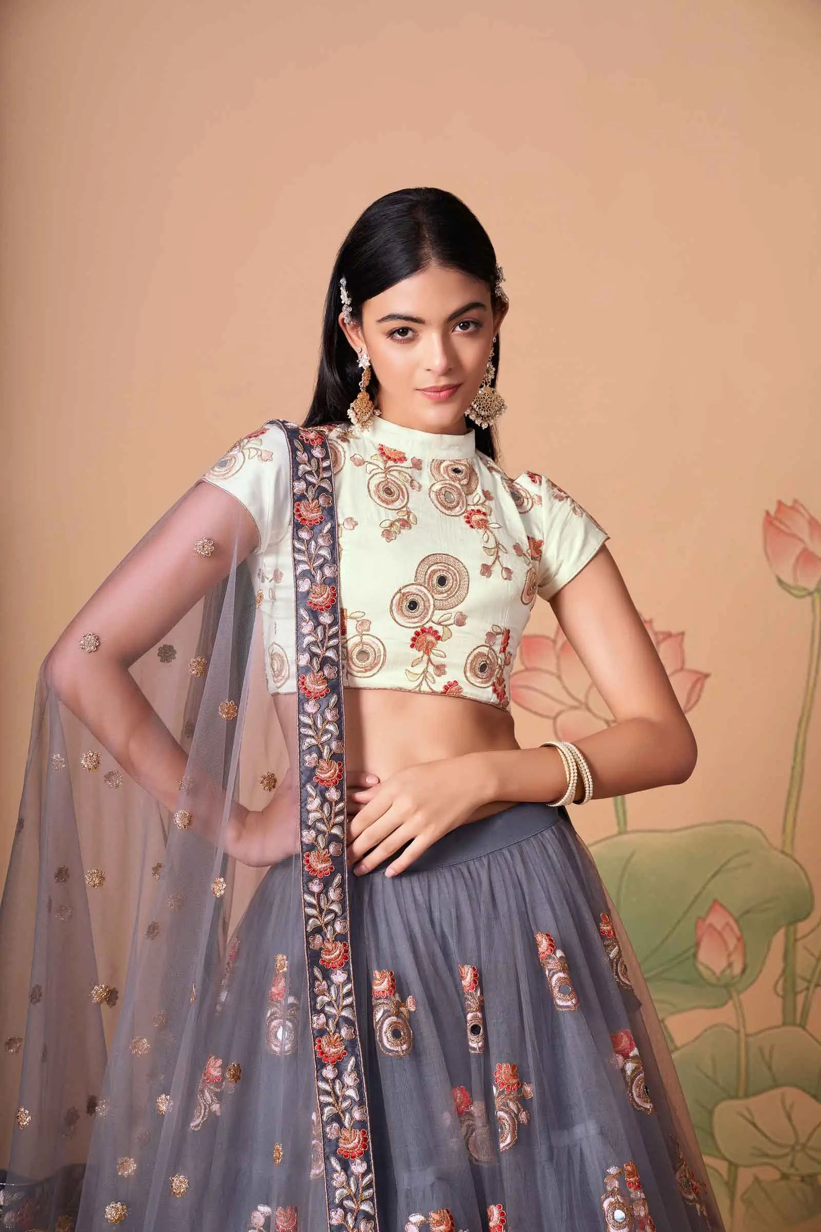 Grey Soft Net Lehenga With Thread Zari Dori And Sequins Embroidery With Mirror Work | Ready To Wear - qivii