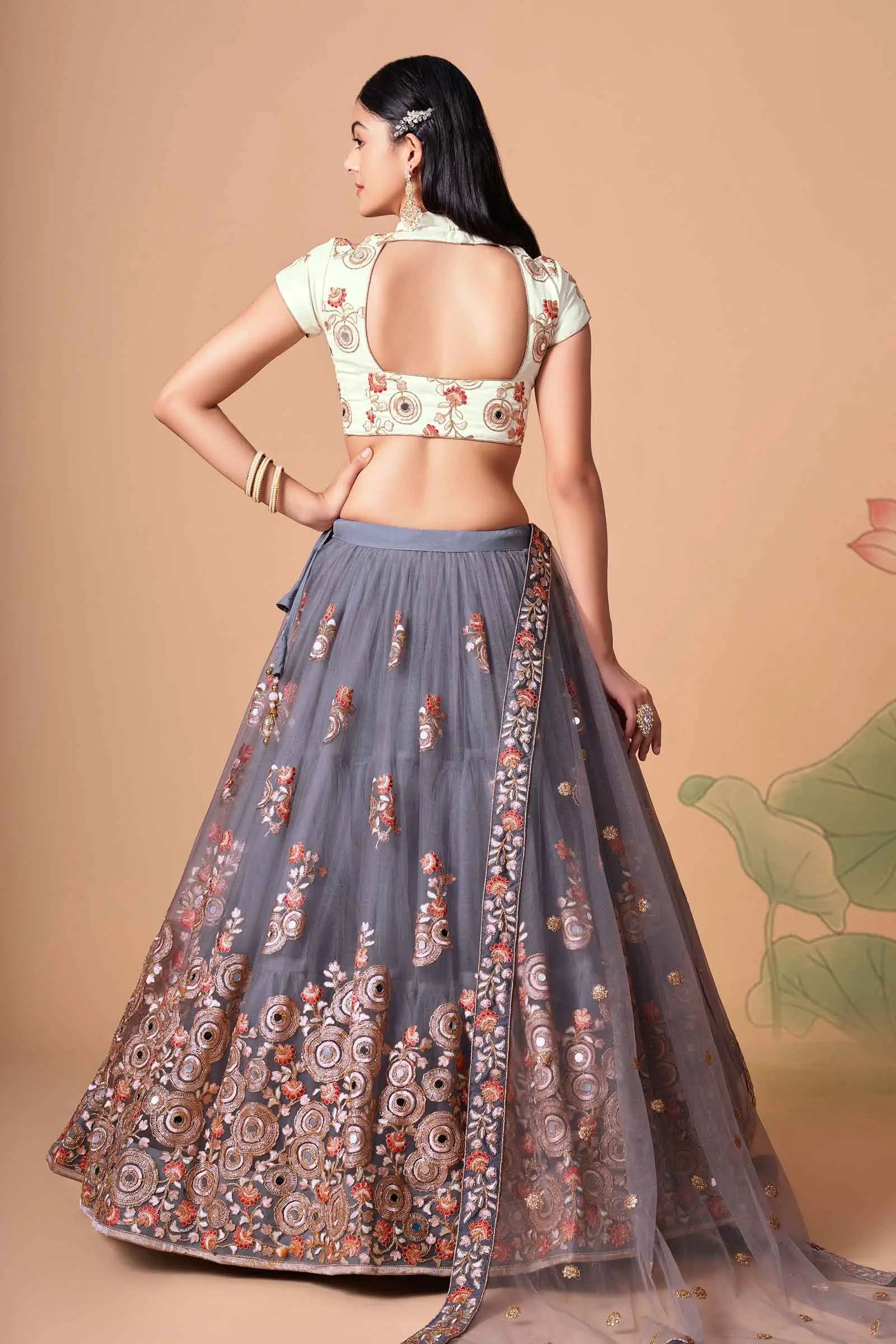 Grey Soft Net Lehenga With Thread Zari Dori And Sequins Embroidery With Mirror Work | Ready To Wear - qivii
