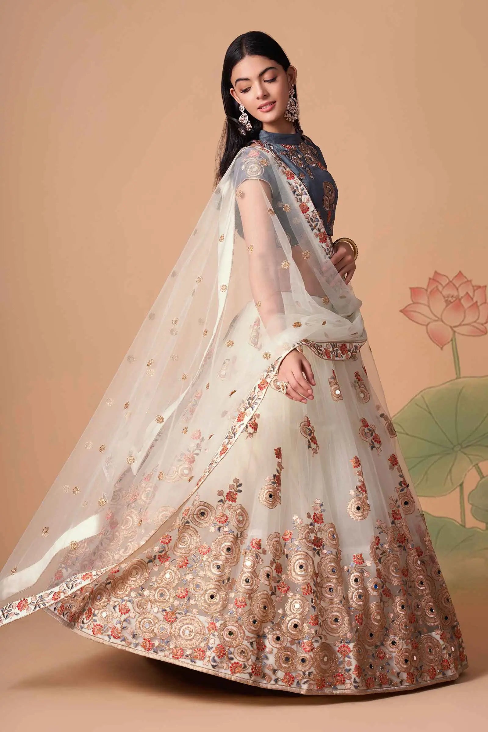 Off White Soft Net Lehenga With Thread Zari Dori And Sequins Embroidery With Mirror Work | Ready To Wear - qivii