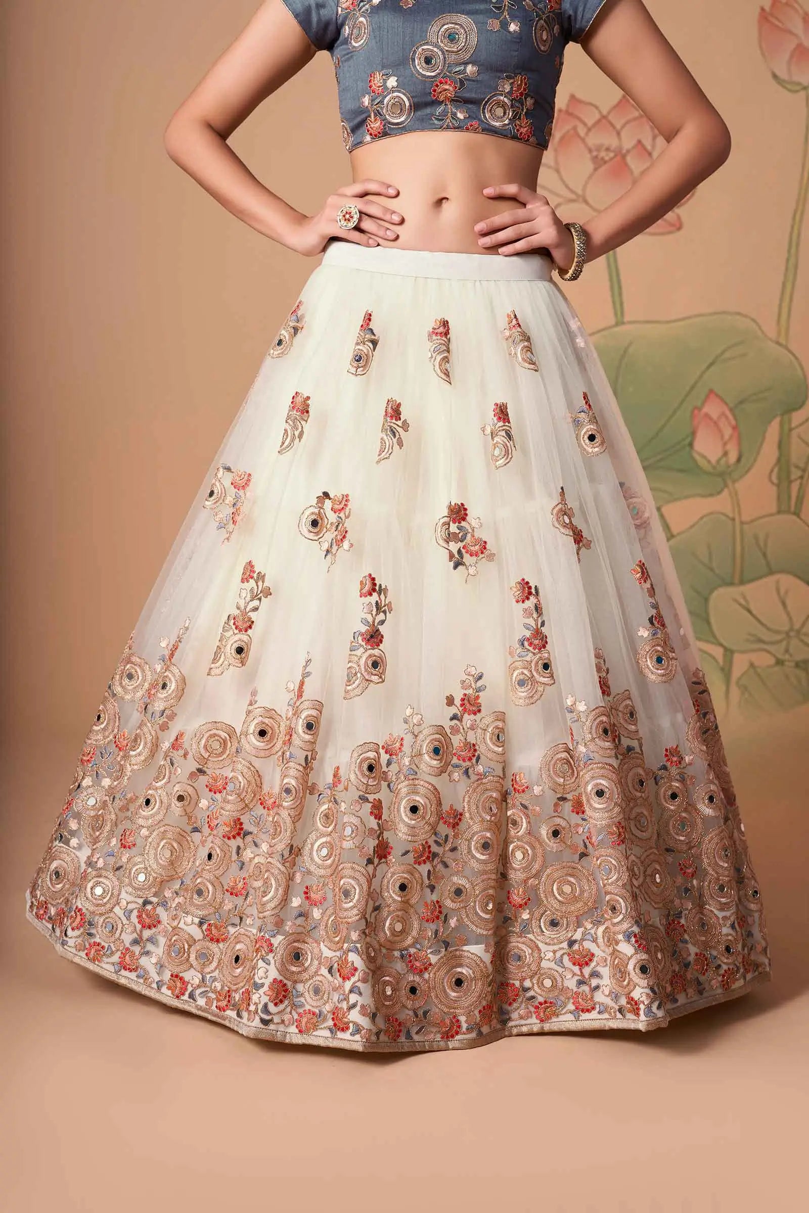 Off White Soft Net Lehenga With Thread Zari Dori And Sequins Embroidery With Mirror Work | Ready To Wear - qivii