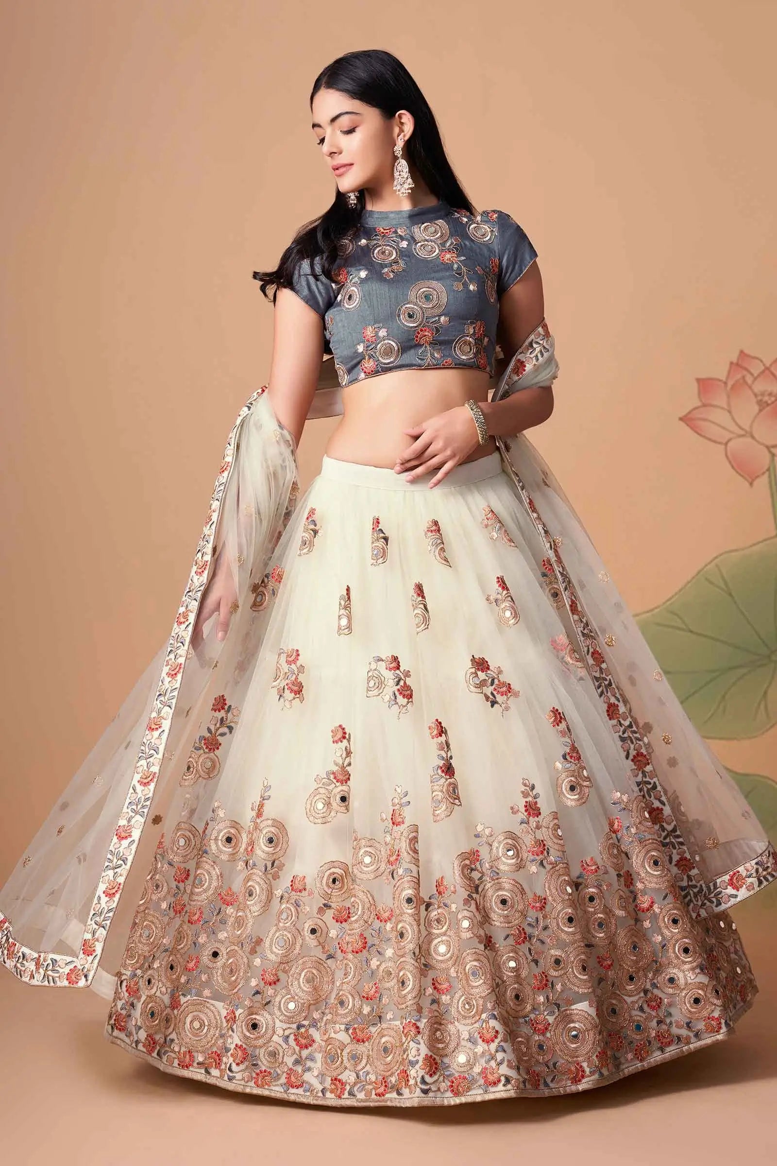 Off White Soft Net Lehenga With Thread Zari Dori And Sequins Embroidery With Mirror Work | Ready To Wear - qivii