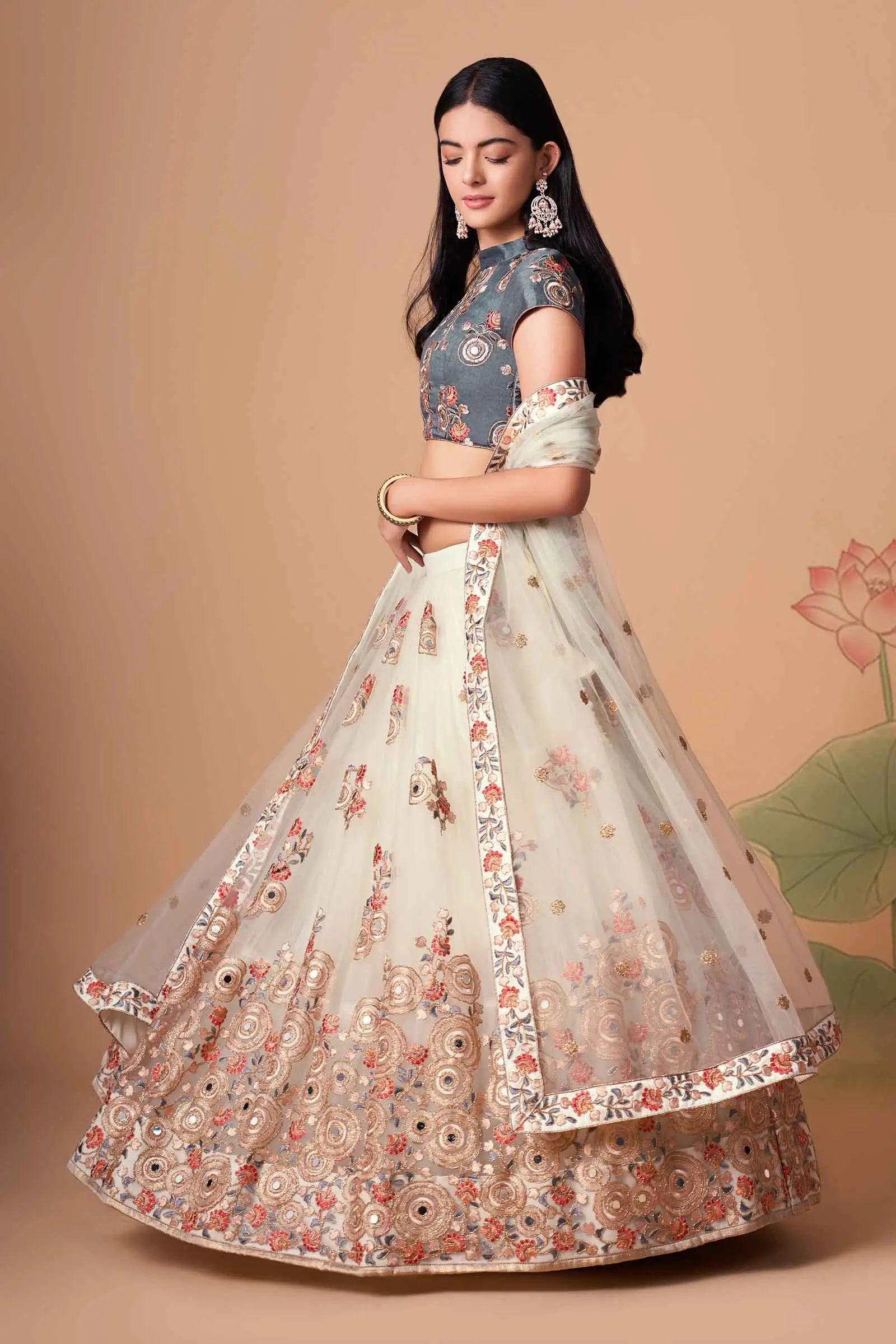 Off White Soft Net Lehenga With Thread Zari Dori And Sequins Embroidery With Mirror Work | Ready To Wear - qivii