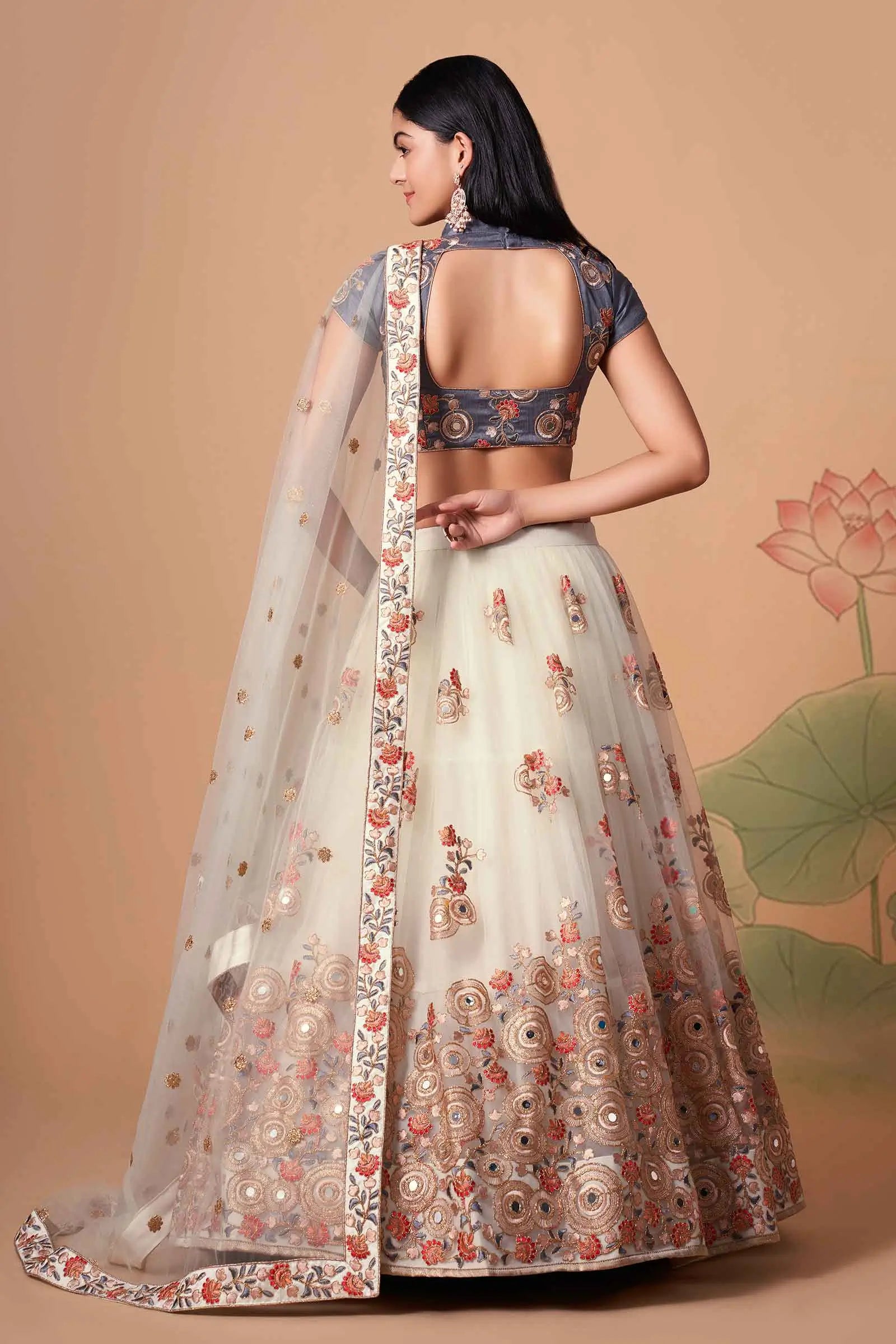 Off White Soft Net Lehenga With Thread Zari Dori And Sequins Embroidery With Mirror Work | Ready To Wear - qivii